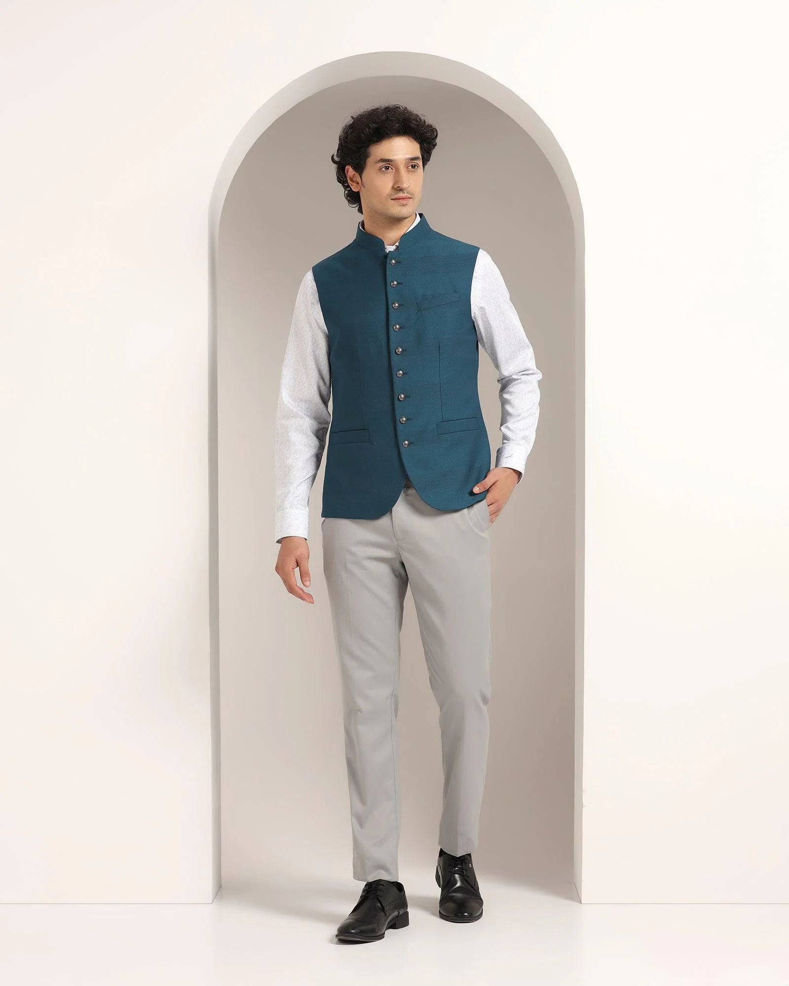Bandhgala Formal Teal Striped Waistcoat - Korlan - Image 3