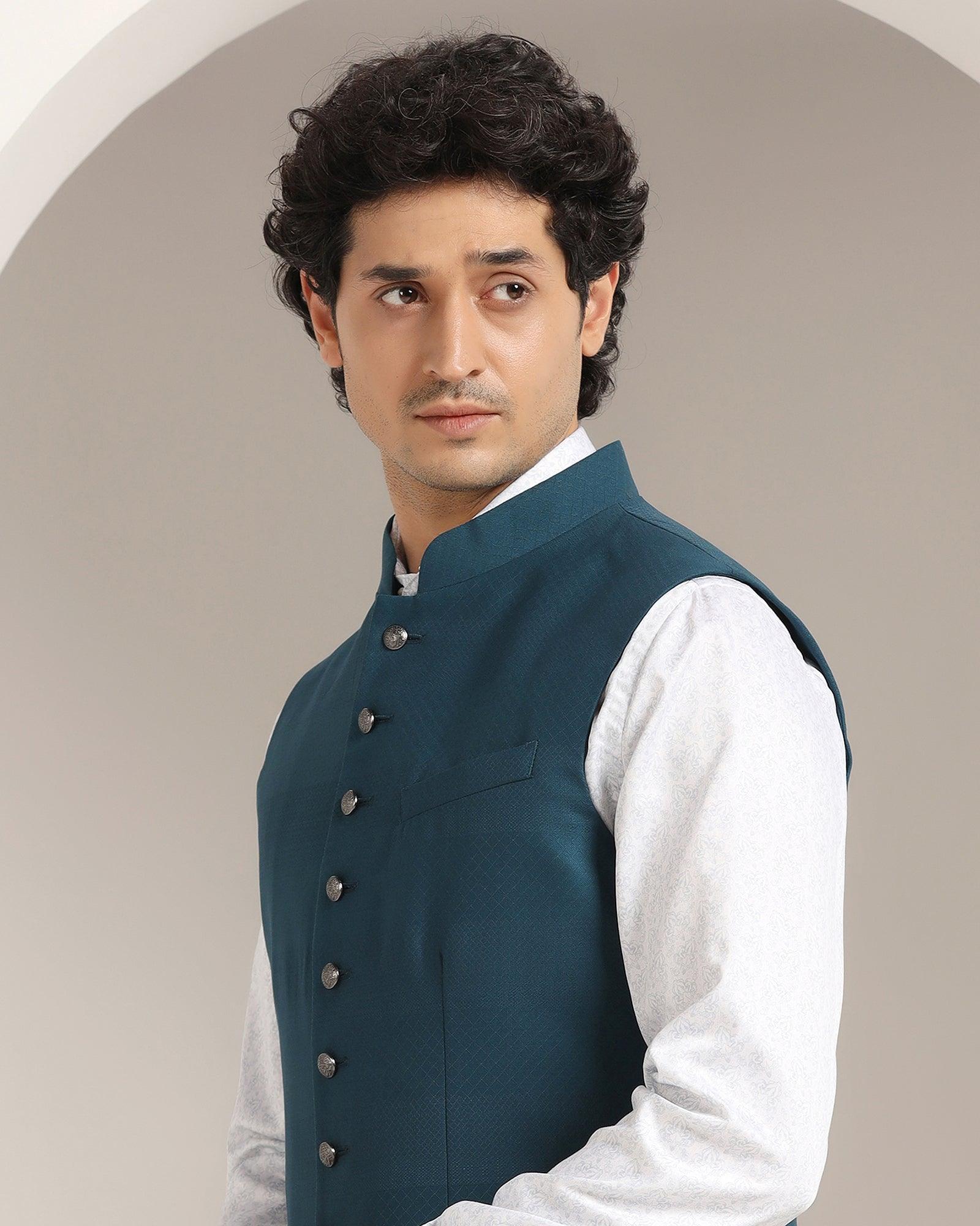 Bandhgala Formal Teal Striped Waistcoat - Korlan - Image 4