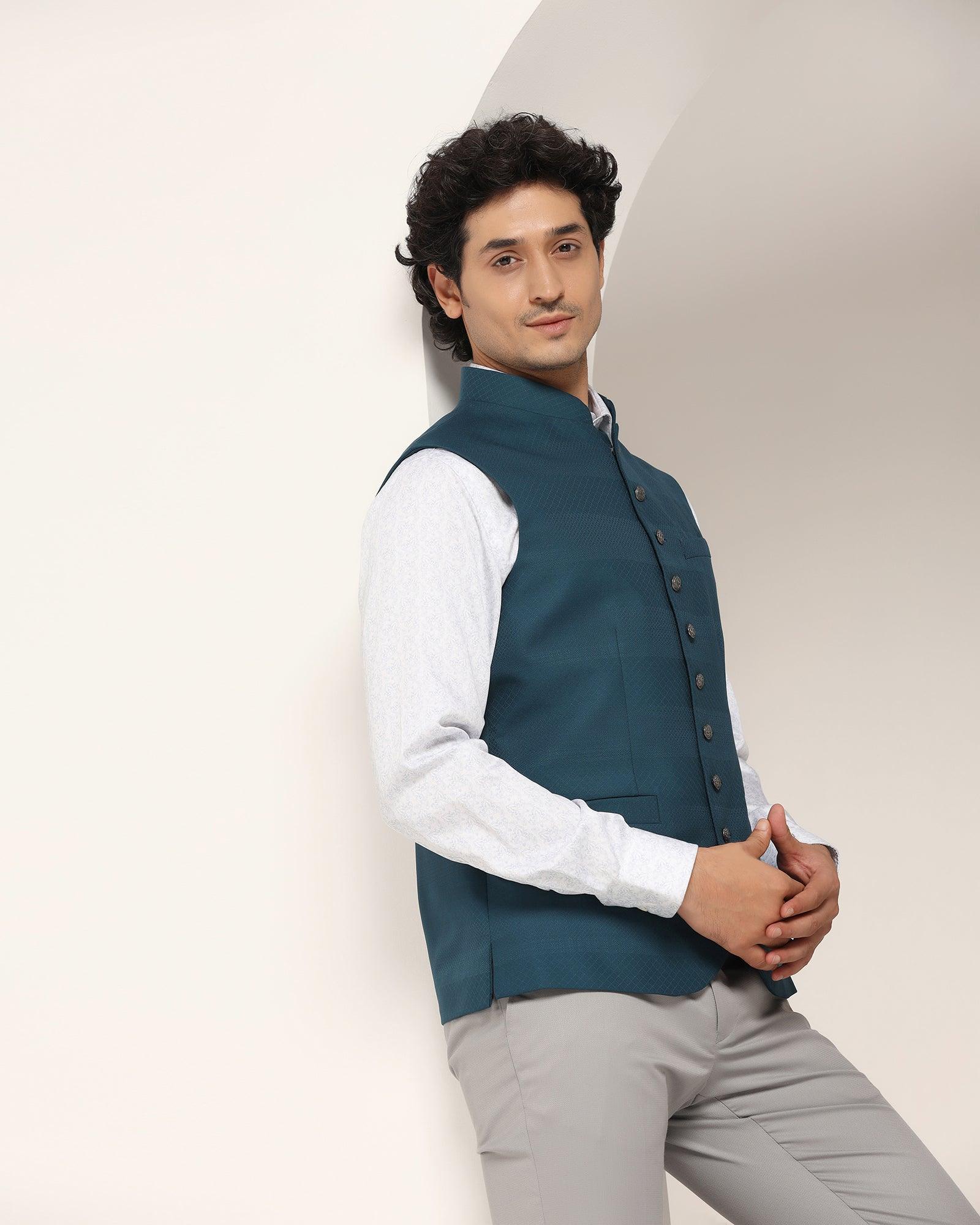Bandhgala Formal Teal Striped Waistcoat - Korlan - Image 5