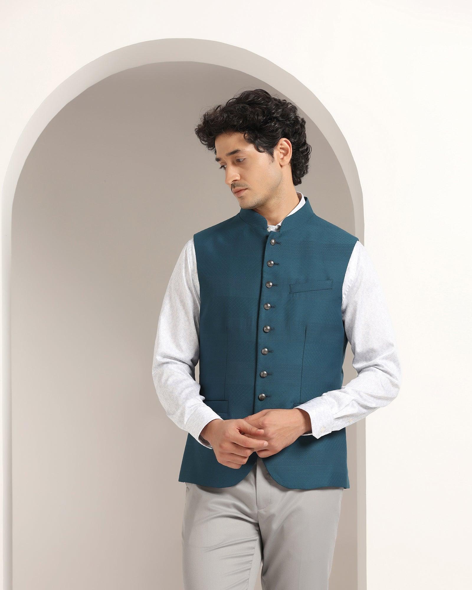Bandhgala Formal Teal Striped Waistcoat - Korlan - Image 6