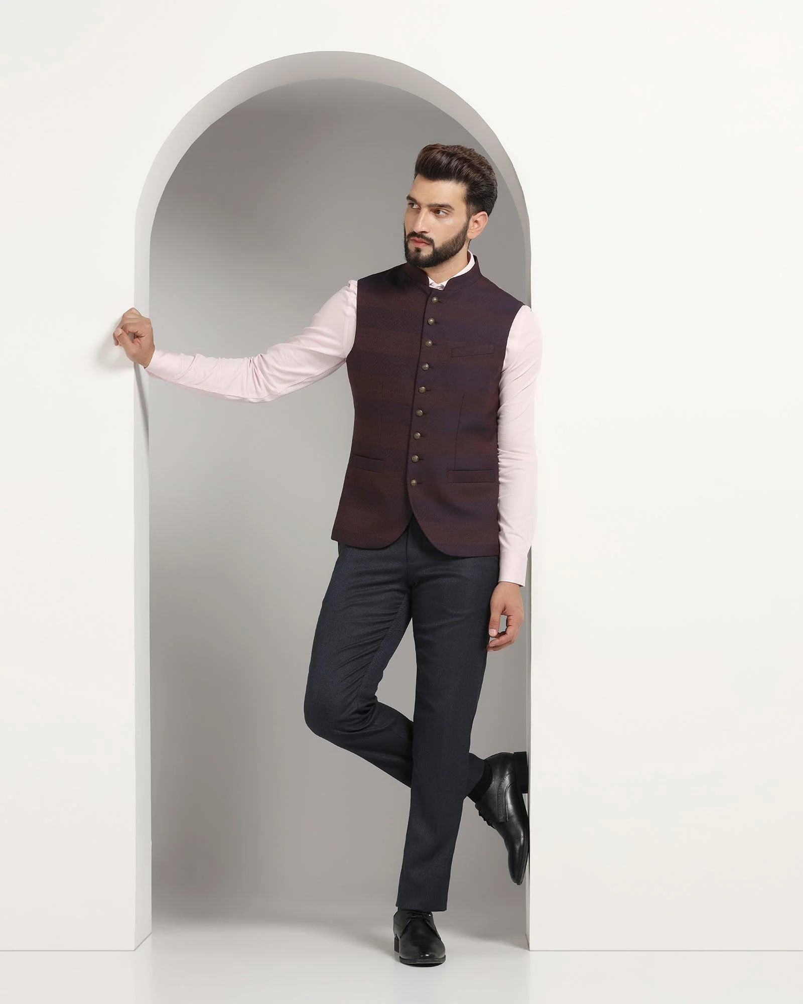 Bandhgala Formal Wine Striped Waistcoat - Korlan - Image 3