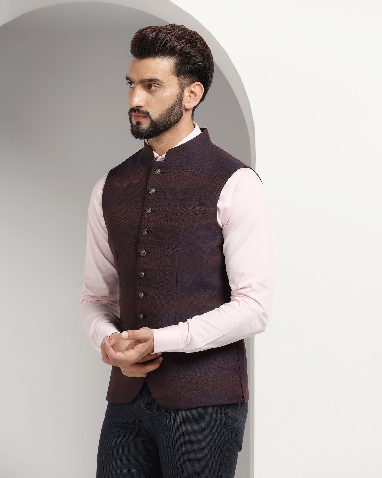 Bandhgala Formal Wine Striped Waistcoat - Korlan - Image 4