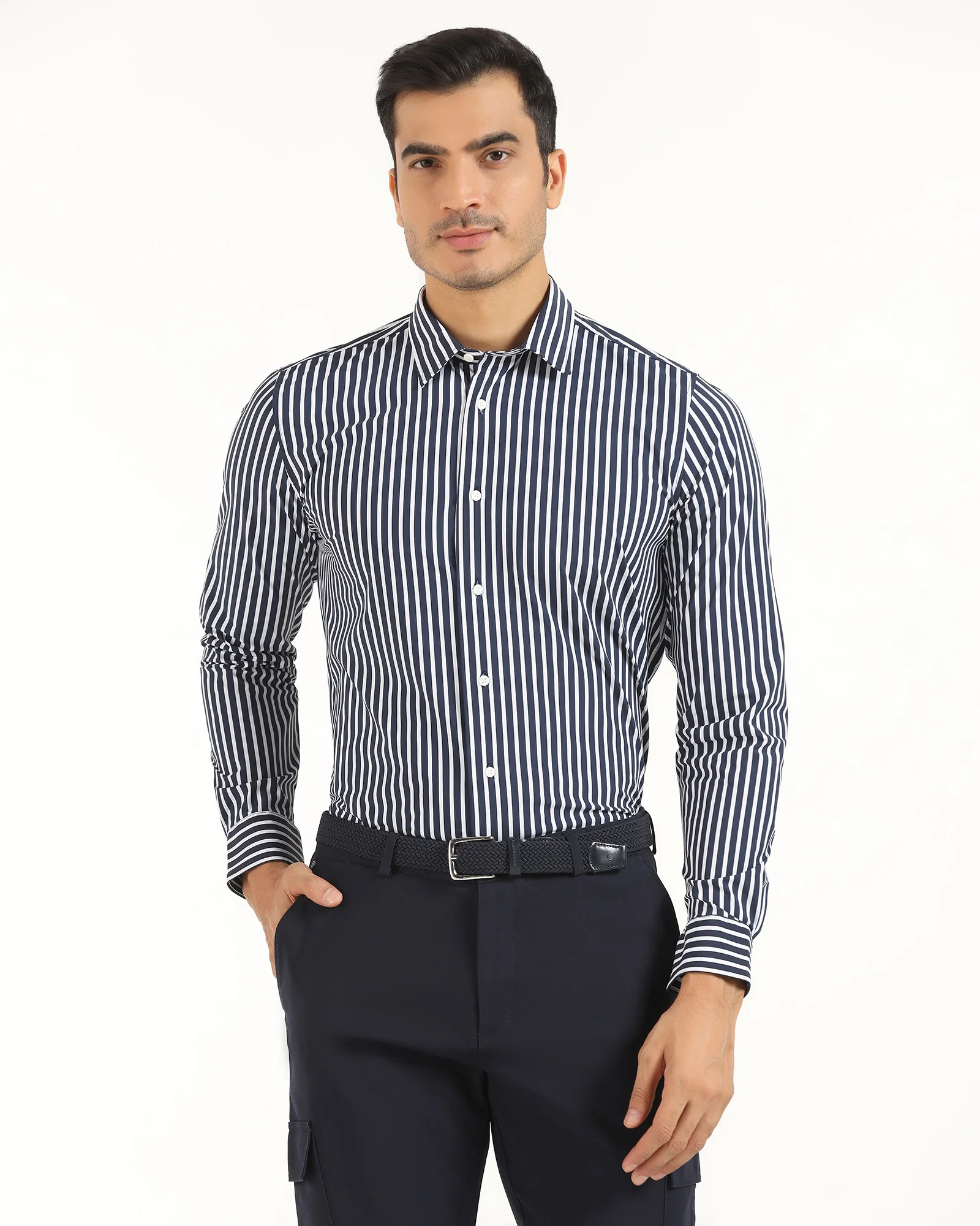 TechPro Formal Navy Stripe Shirt - Frost