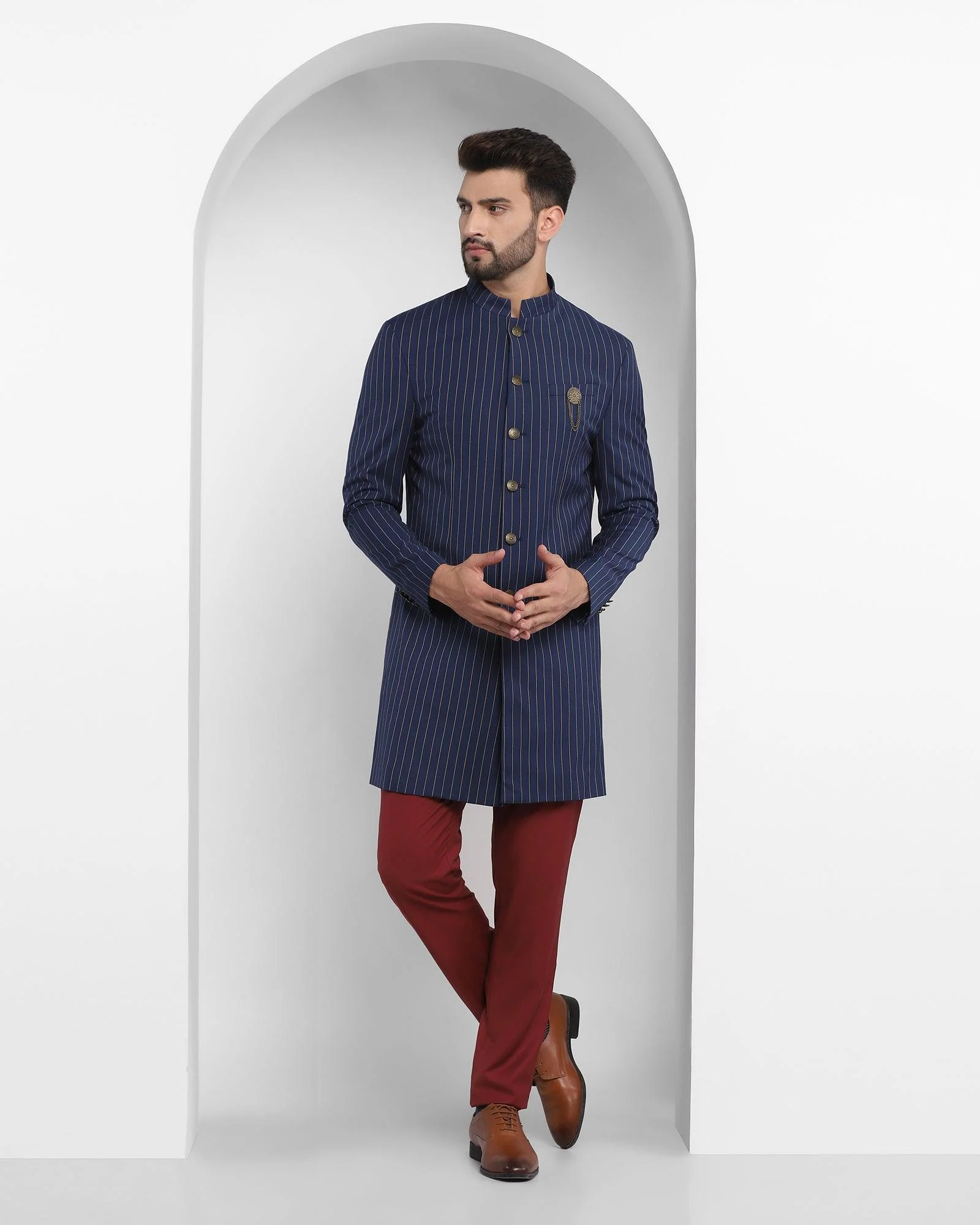 Navy Swarn Stripe Achkan Set - Emeral - Image 3