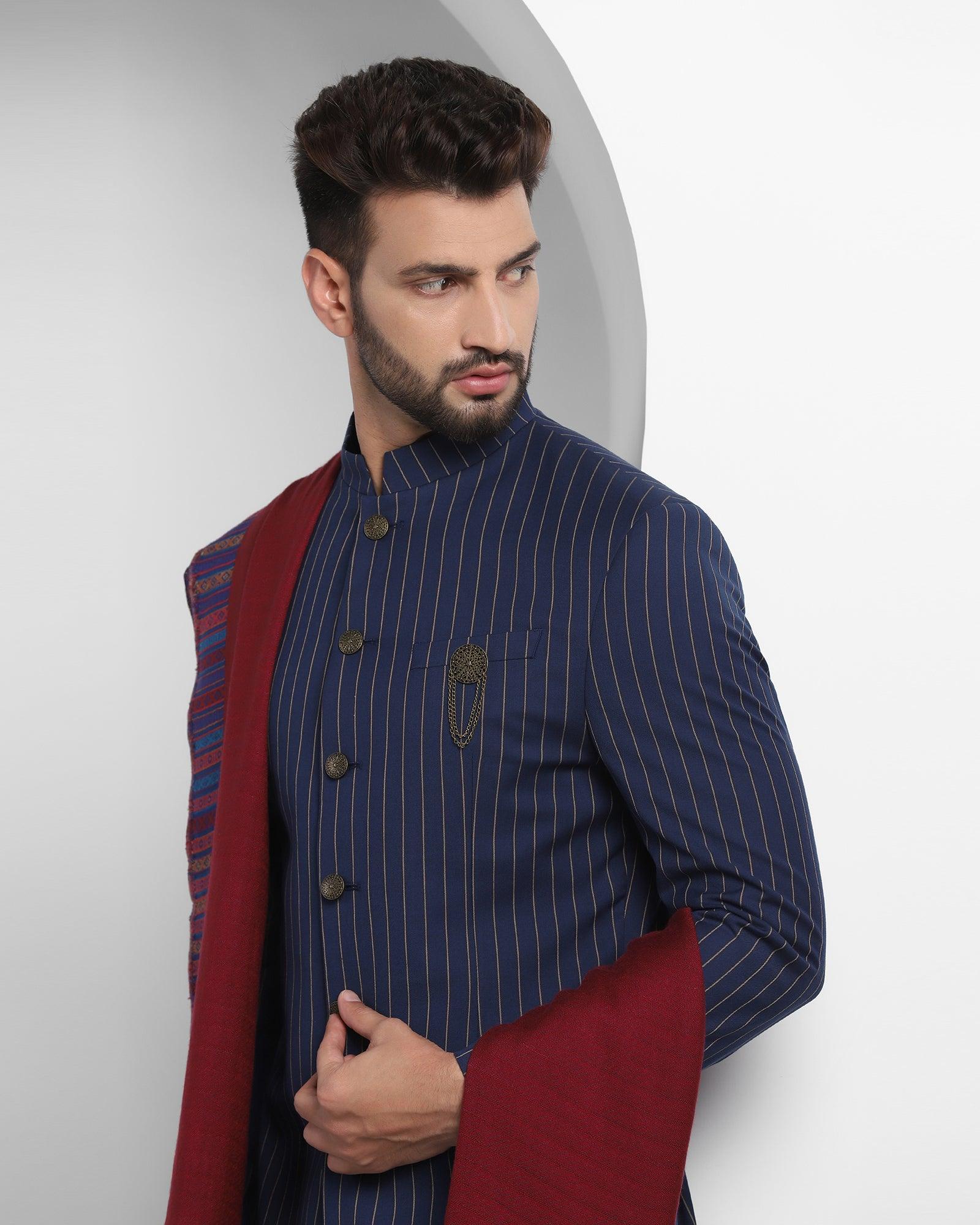 Navy Swarn Stripe Achkan Set - Emeral - Image 4
