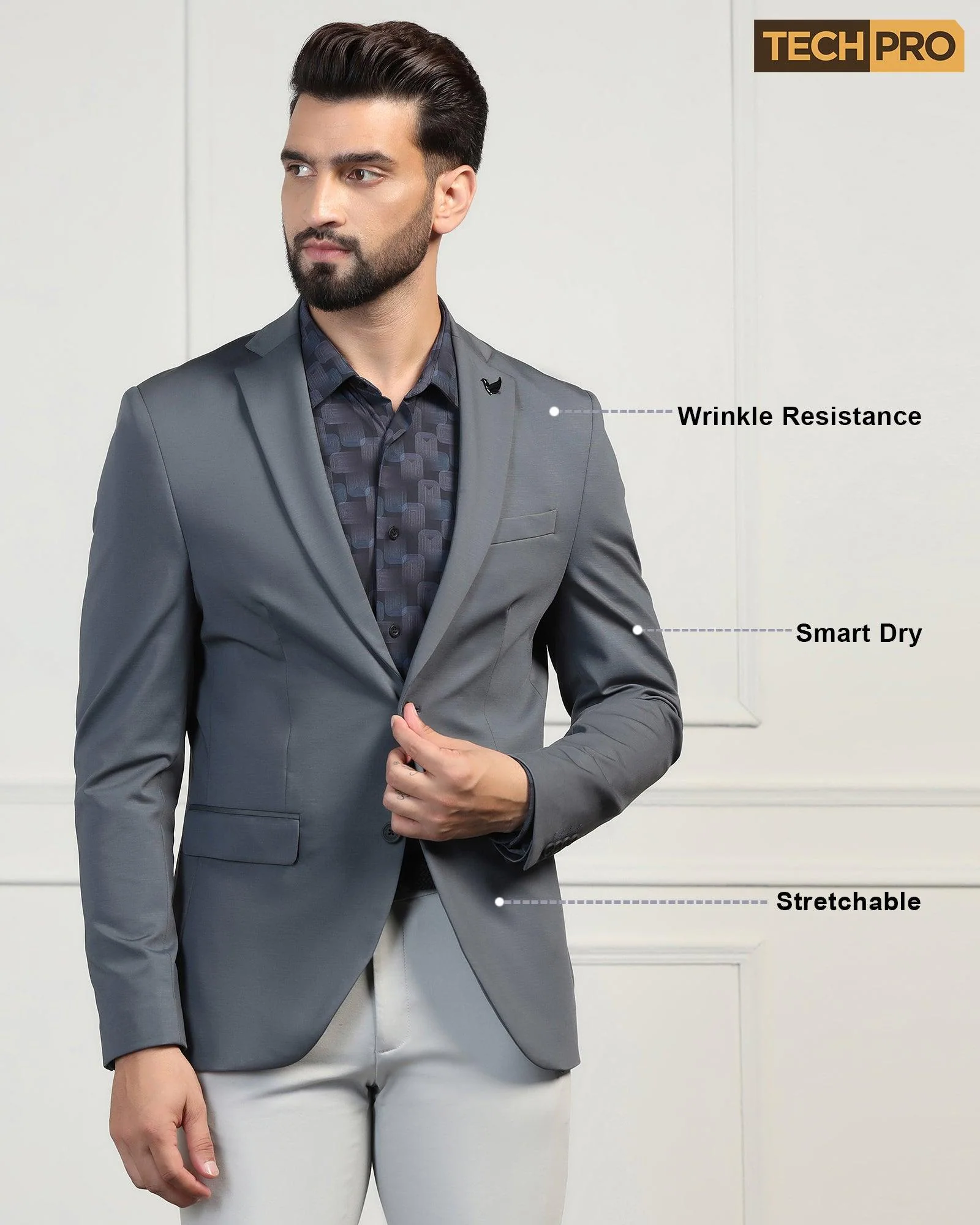TechPro Formal Grey Solid Blazer - Mustang - Image 11