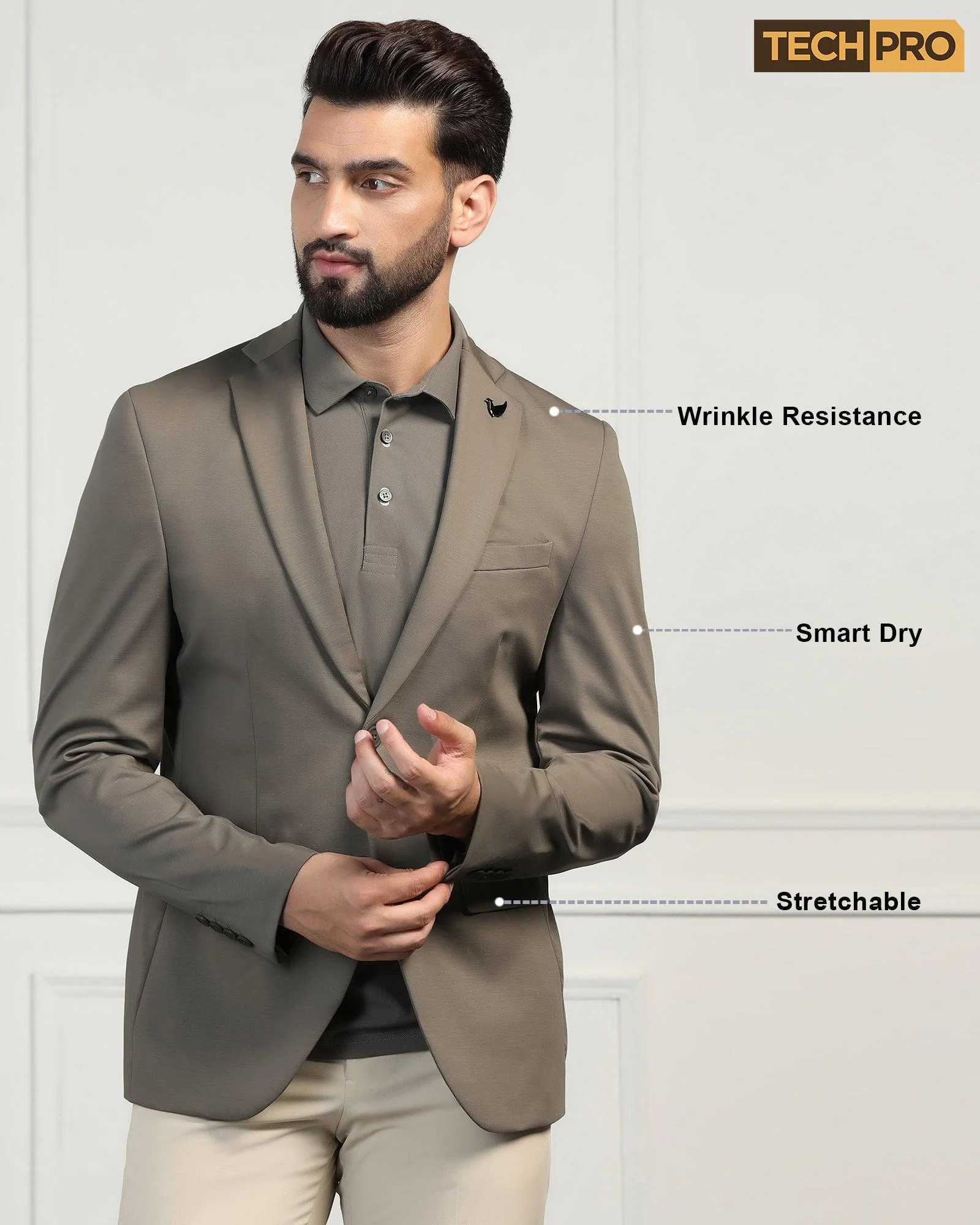 TechPro Formal Khaki Solid Blazer - Mustang - Image 11