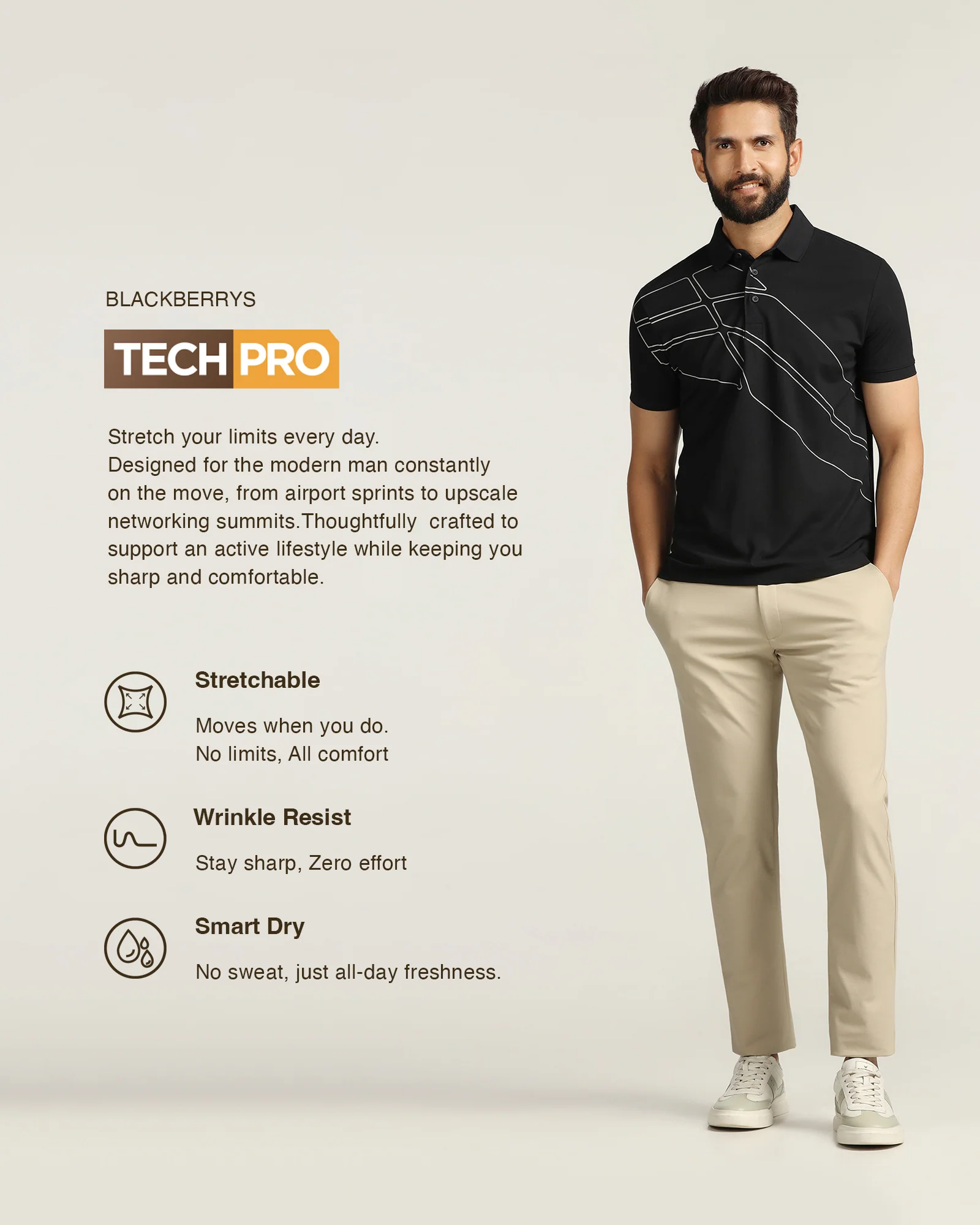 TechPro Slim Fit B-91 Casual Beige Solid Khakis - Ziea - Image 3