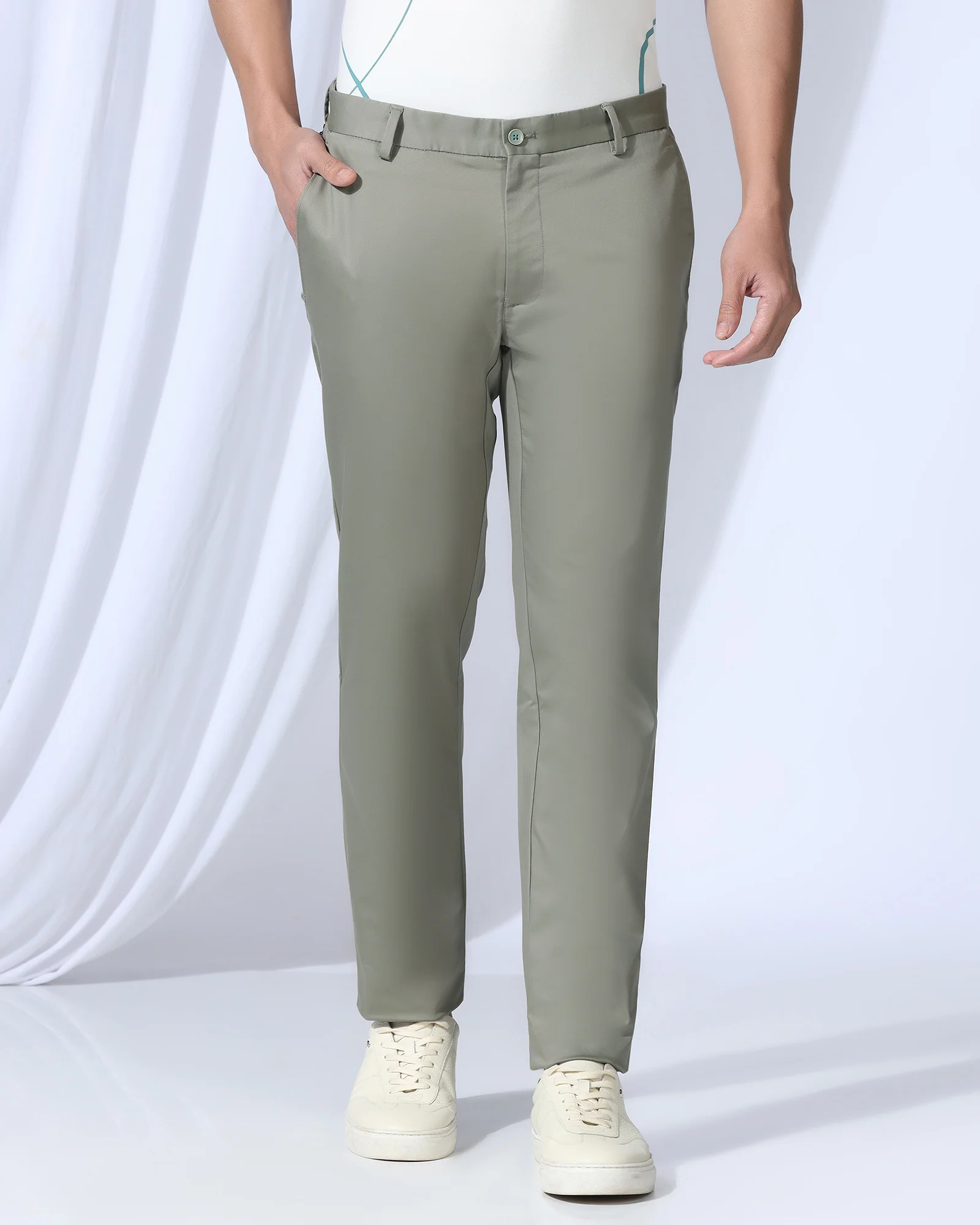 Temp Tech Slim Fit B-91 Casual Light Olive Solid Khakis - Peter - Image 3