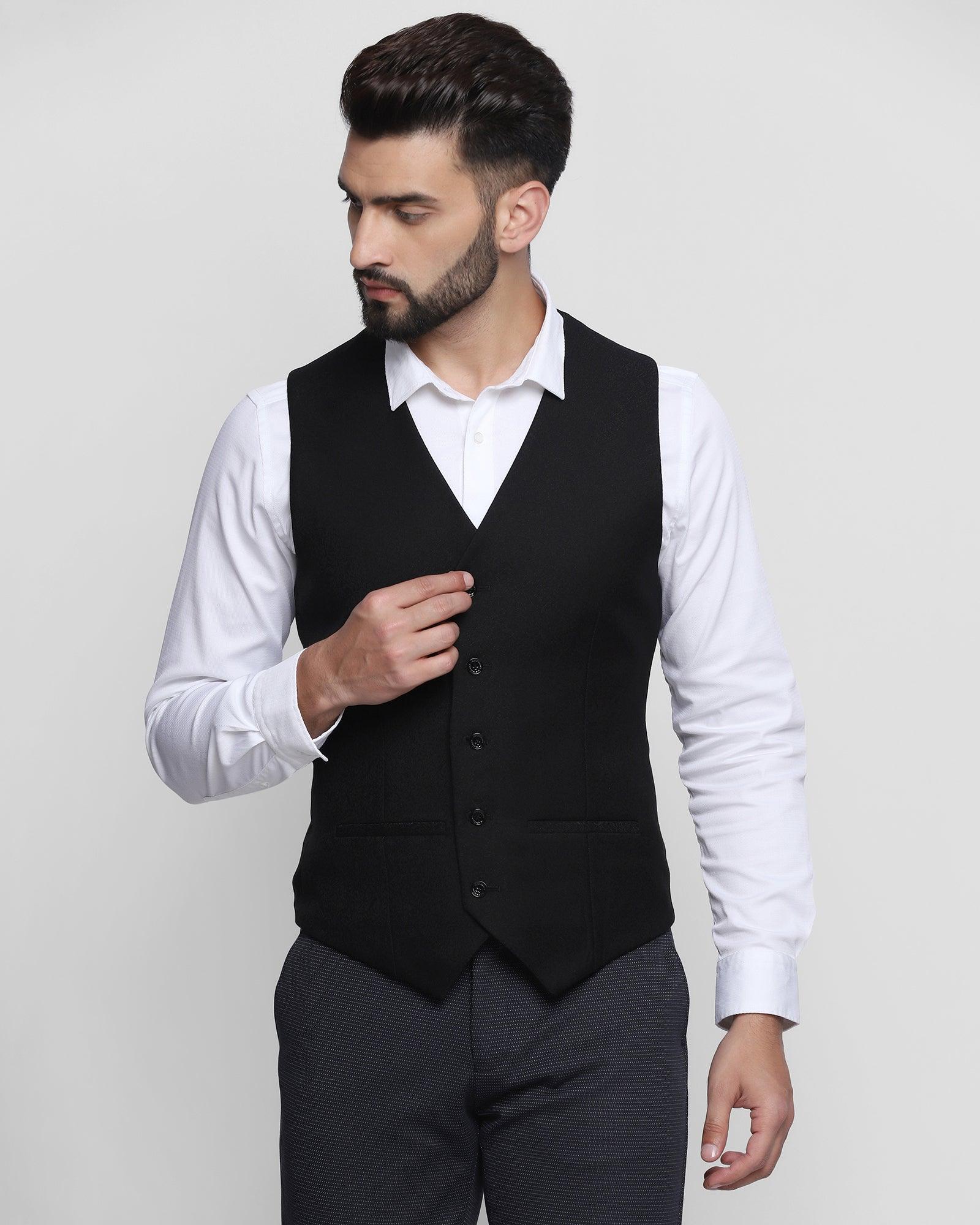 V-Neck Formal Black Jacquard Waistcoat - Tereno