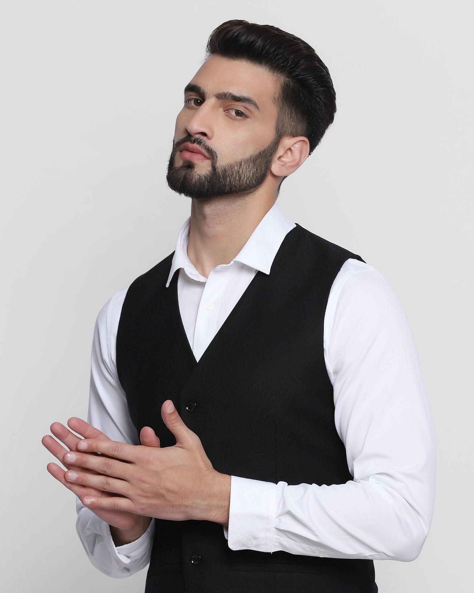 V-Neck Formal Black Jacquard Waistcoat - Tereno - Image 4