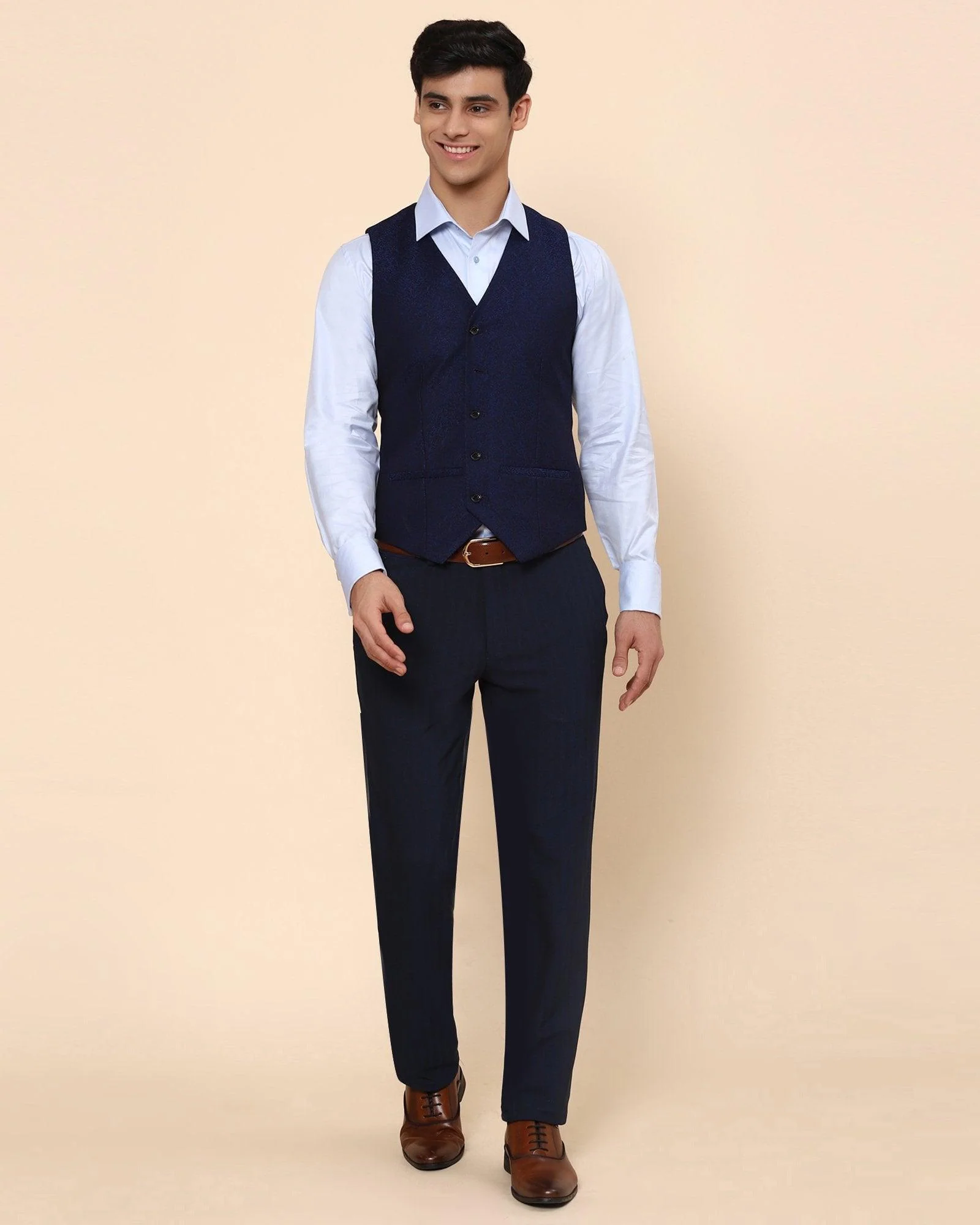 V-Neck Formal Navy Jacquard Waistcoat - Tereno - Image 3