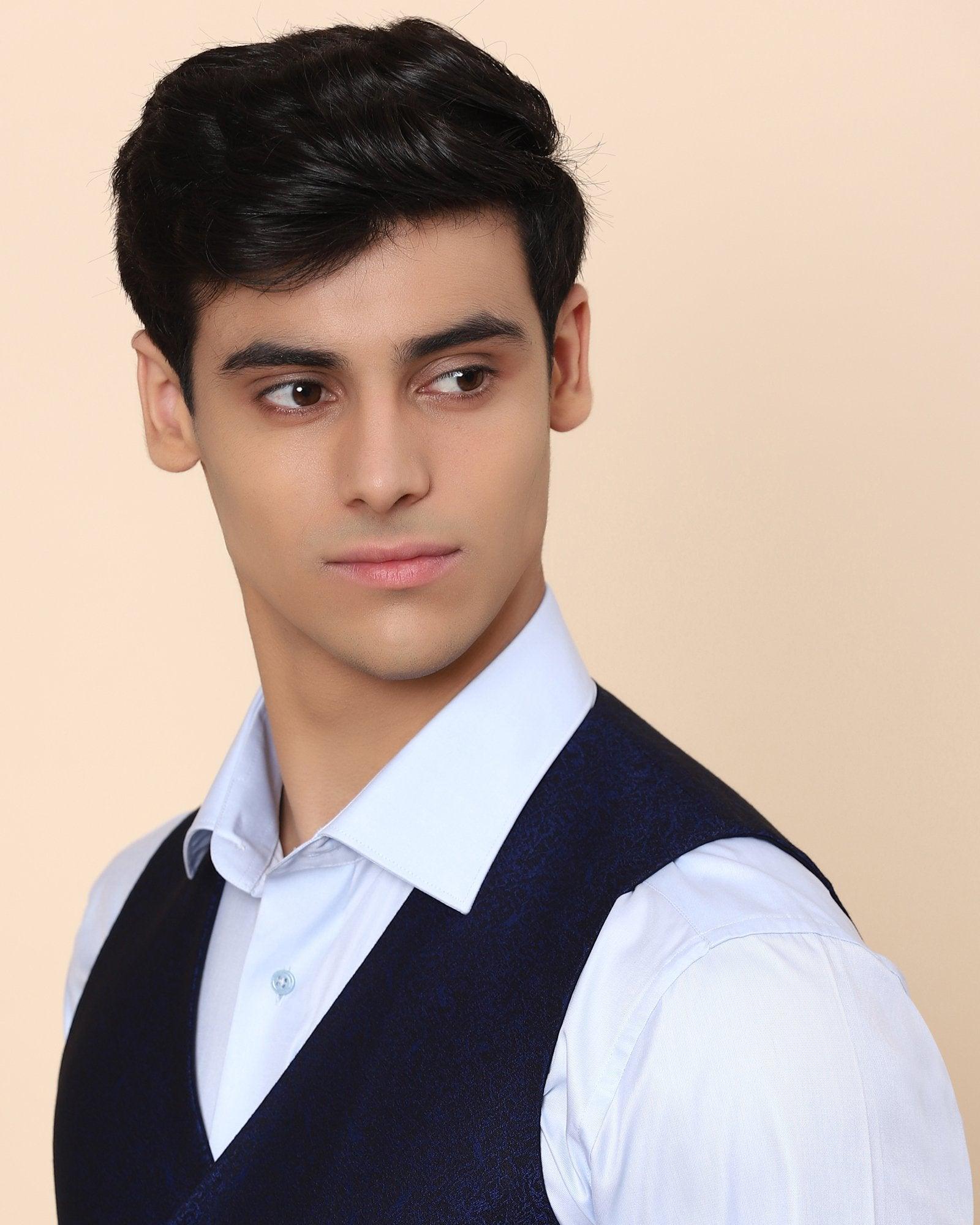 V-Neck Formal Navy Jacquard Waistcoat - Tereno - Image 4