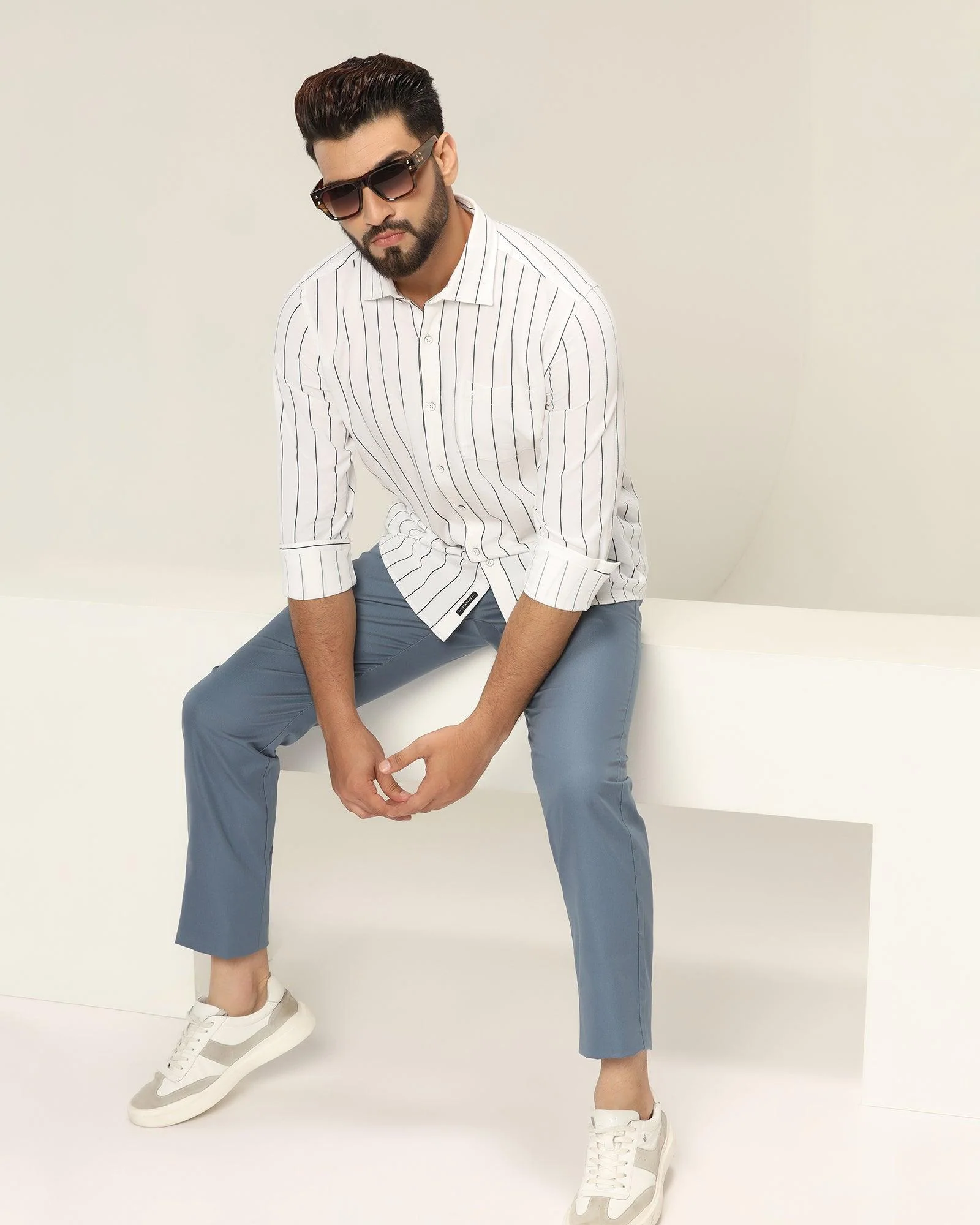 Slim Comfort B-95 Casual Metallic Blue Textured Khakis - Jeny - Image 6