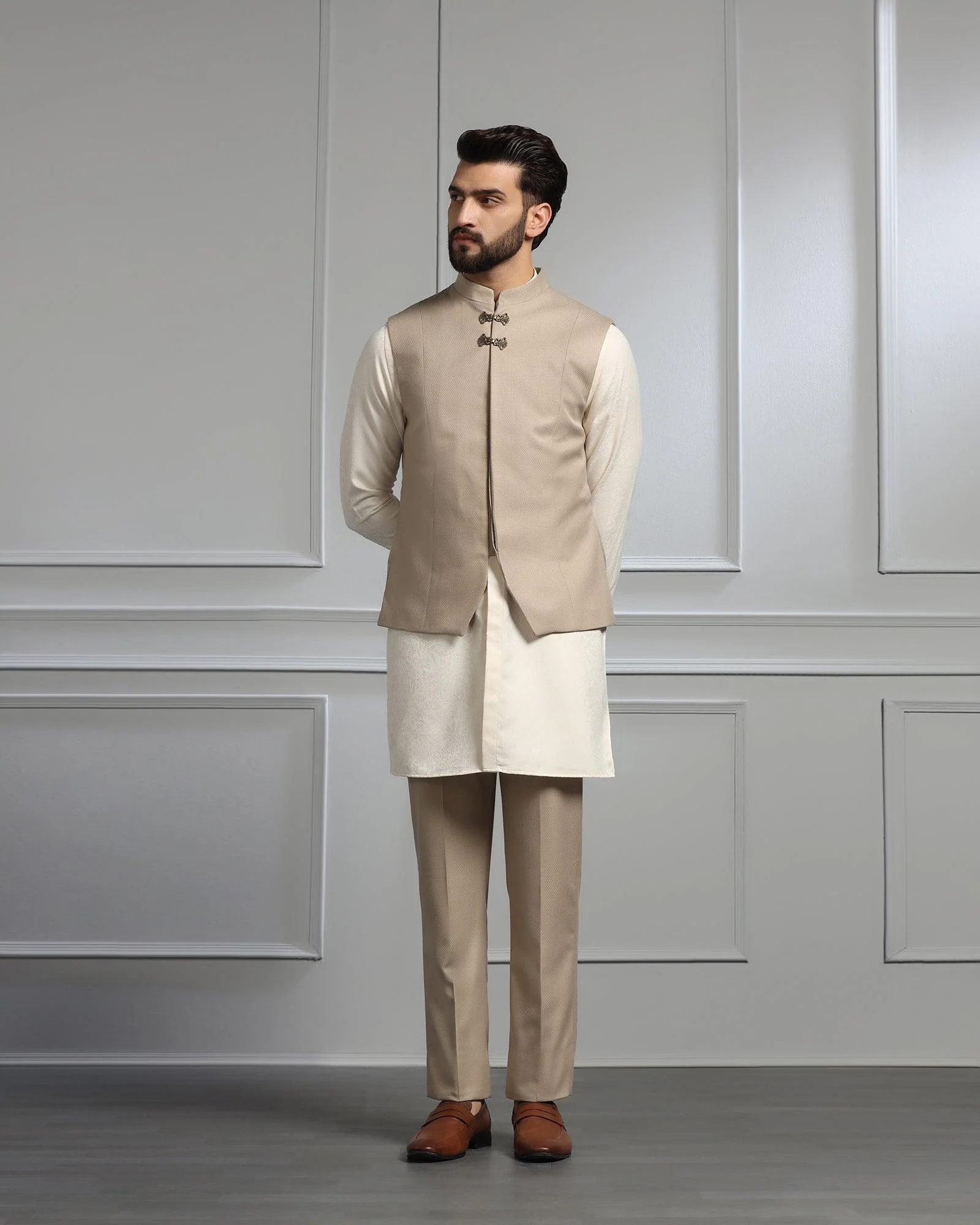 Golden Swarn Textured Achkan Set - Dodget