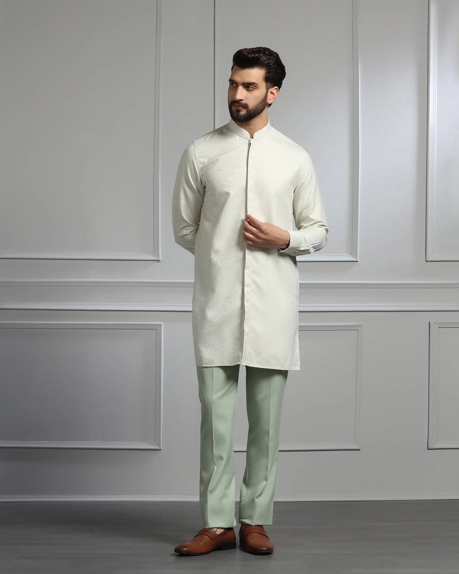 Green Swarn Textured Achkan Set - Dodget - Image 5