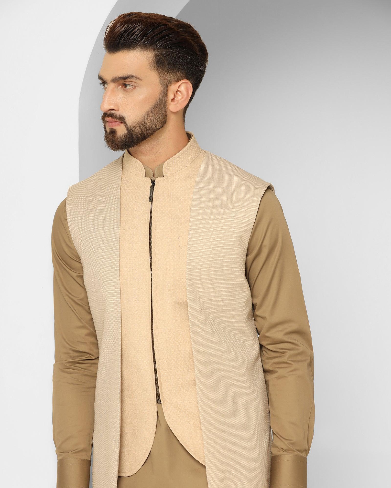 Beige Swarn Textured Achkan Set - Cosmo - Image 4
