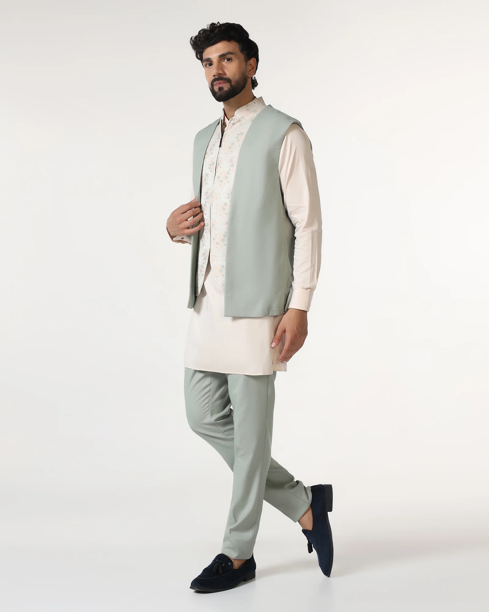 Mint Swarn Textured Achkan Set - Cortez - Image 3