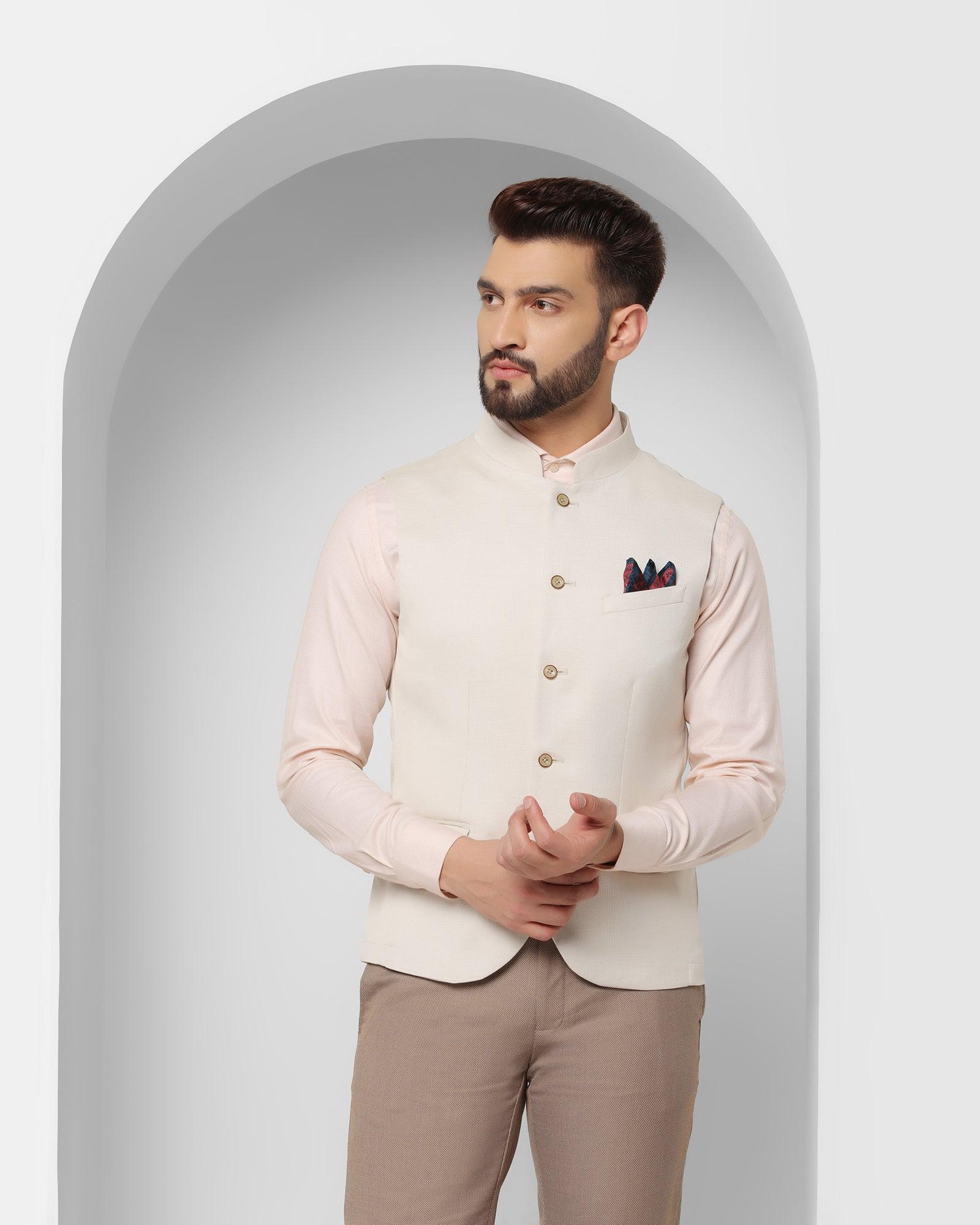 Linen Bandhgala Formal Beige Textured Waistcoat - Reef