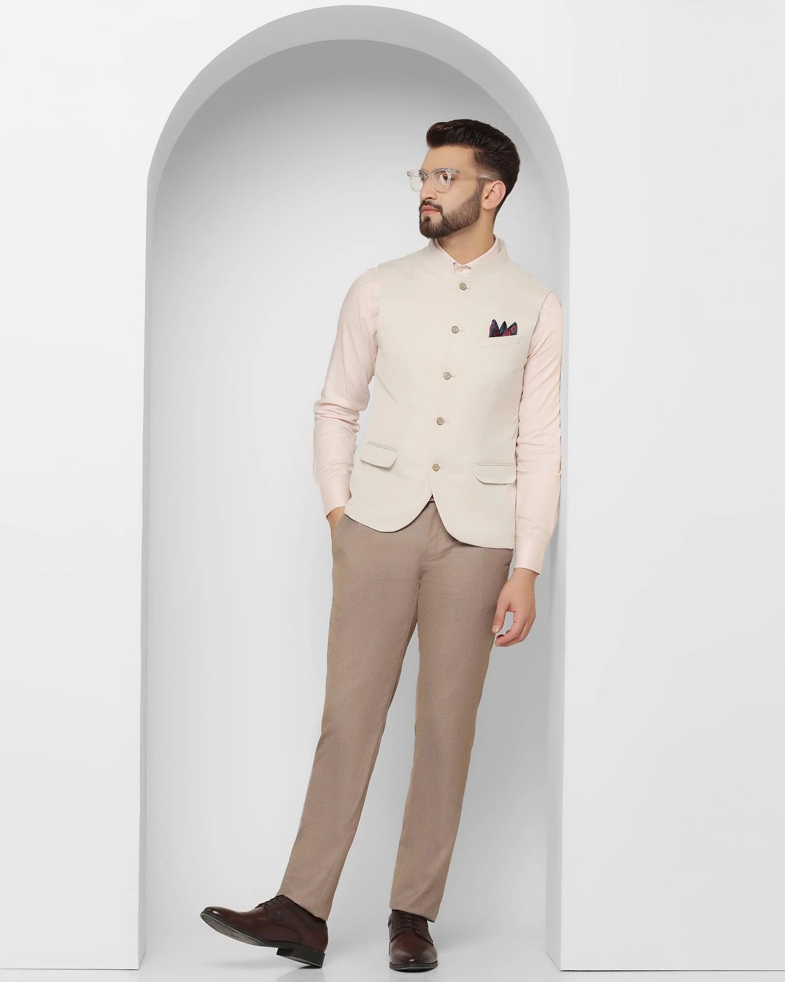 Linen Bandhgala Formal Beige Textured Waistcoat - Reef - Image 5