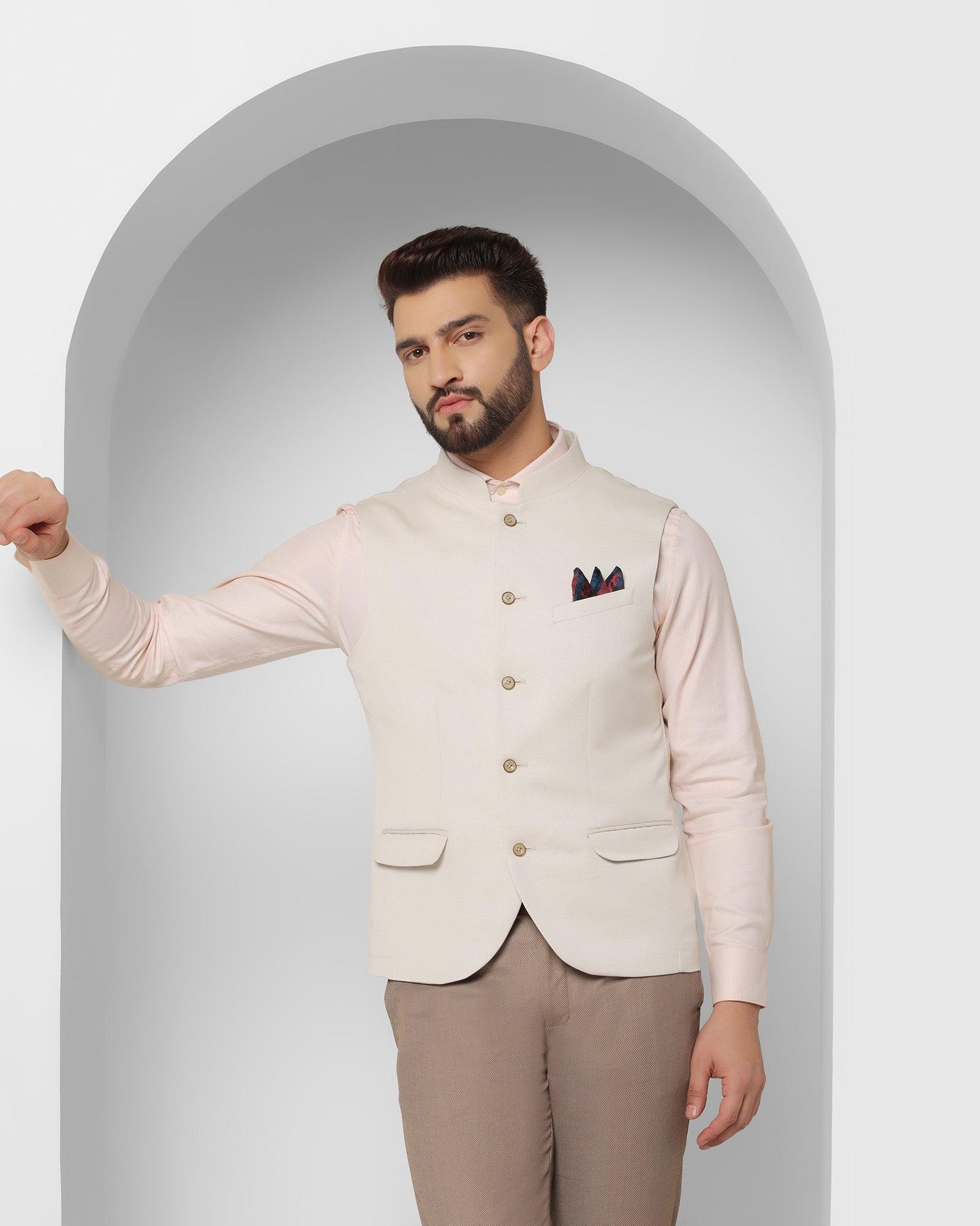 Linen Bandhgala Formal Beige Textured Waistcoat - Reef - Image 6