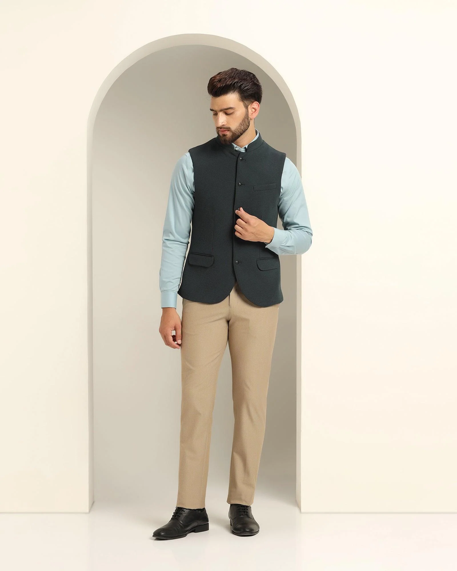 Bandhgala Formal Bottle Green Textured Waistcoat - Echo - Image 3
