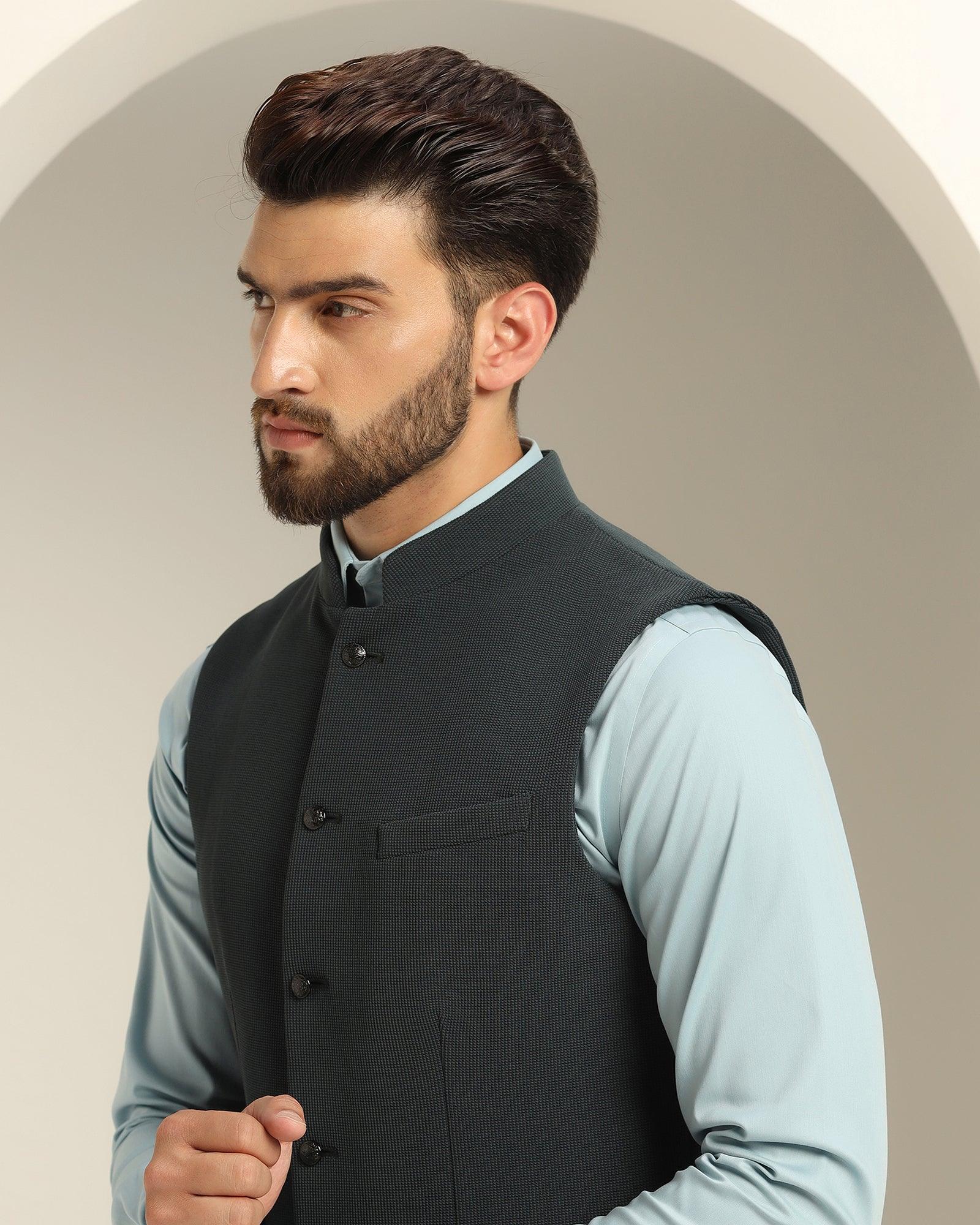 Bandhgala Formal Bottle Green Textured Waistcoat - Echo - Image 4