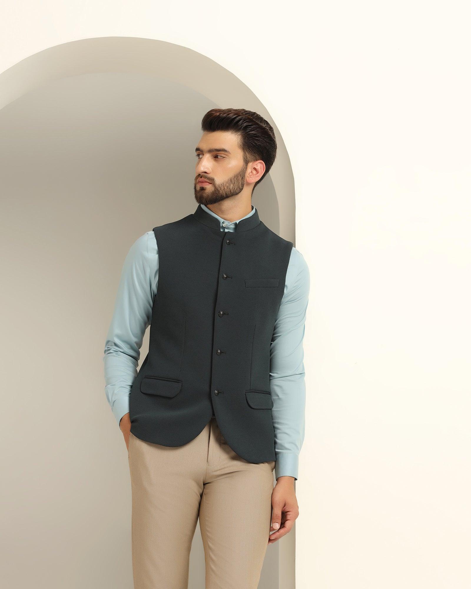 Bandhgala Formal Bottle Green Textured Waistcoat - Echo - Image 5