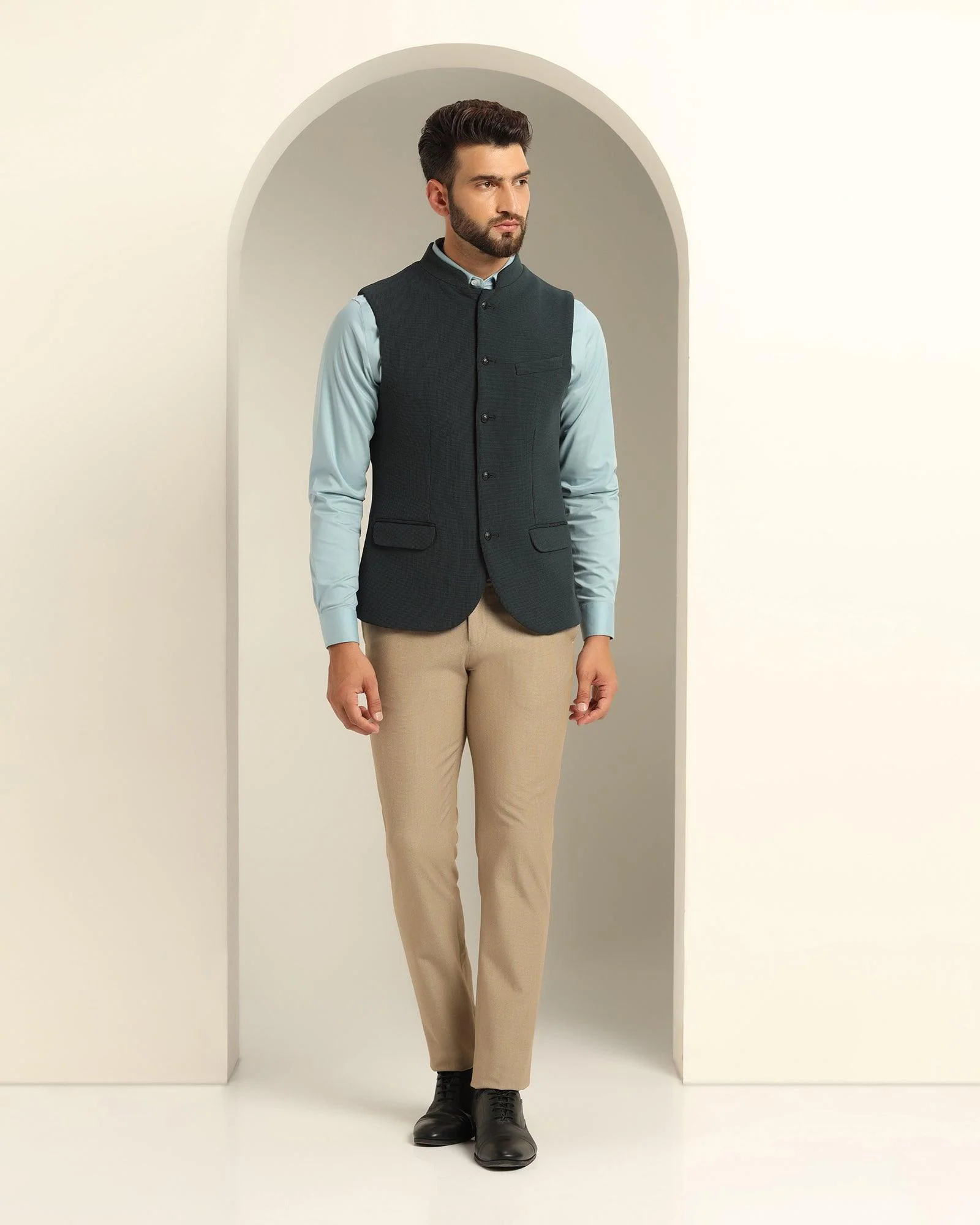 Bandhgala Formal Bottle Green Textured Waistcoat - Echo - Image 6