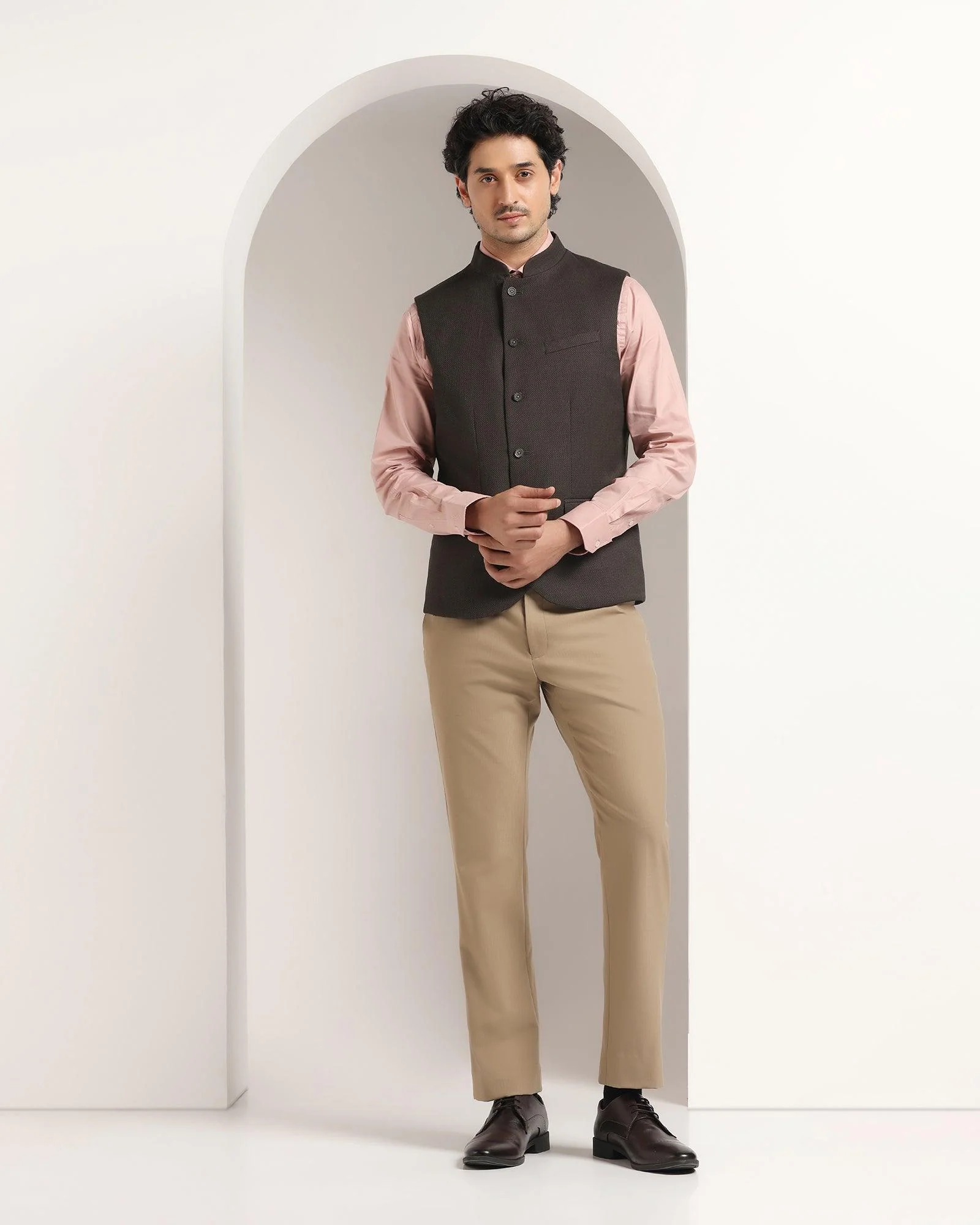 Bandhgala Formal Brown Textured Waistcoat - Kafka - Image 3