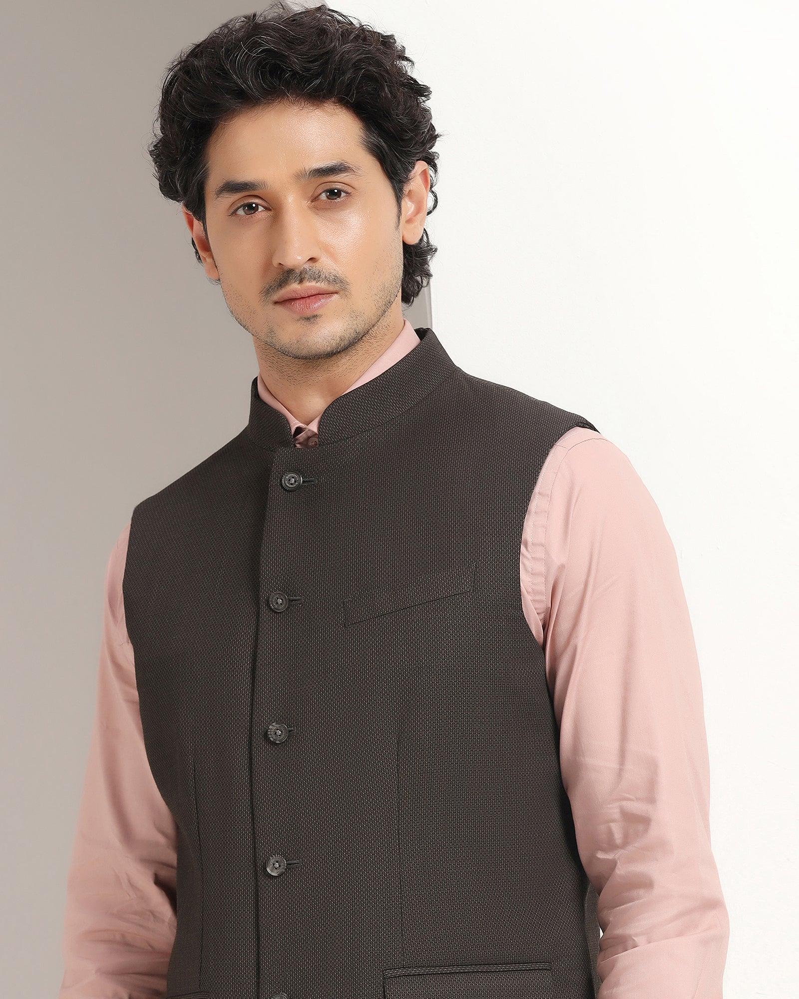 Bandhgala Formal Brown Textured Waistcoat - Kafka - Image 4