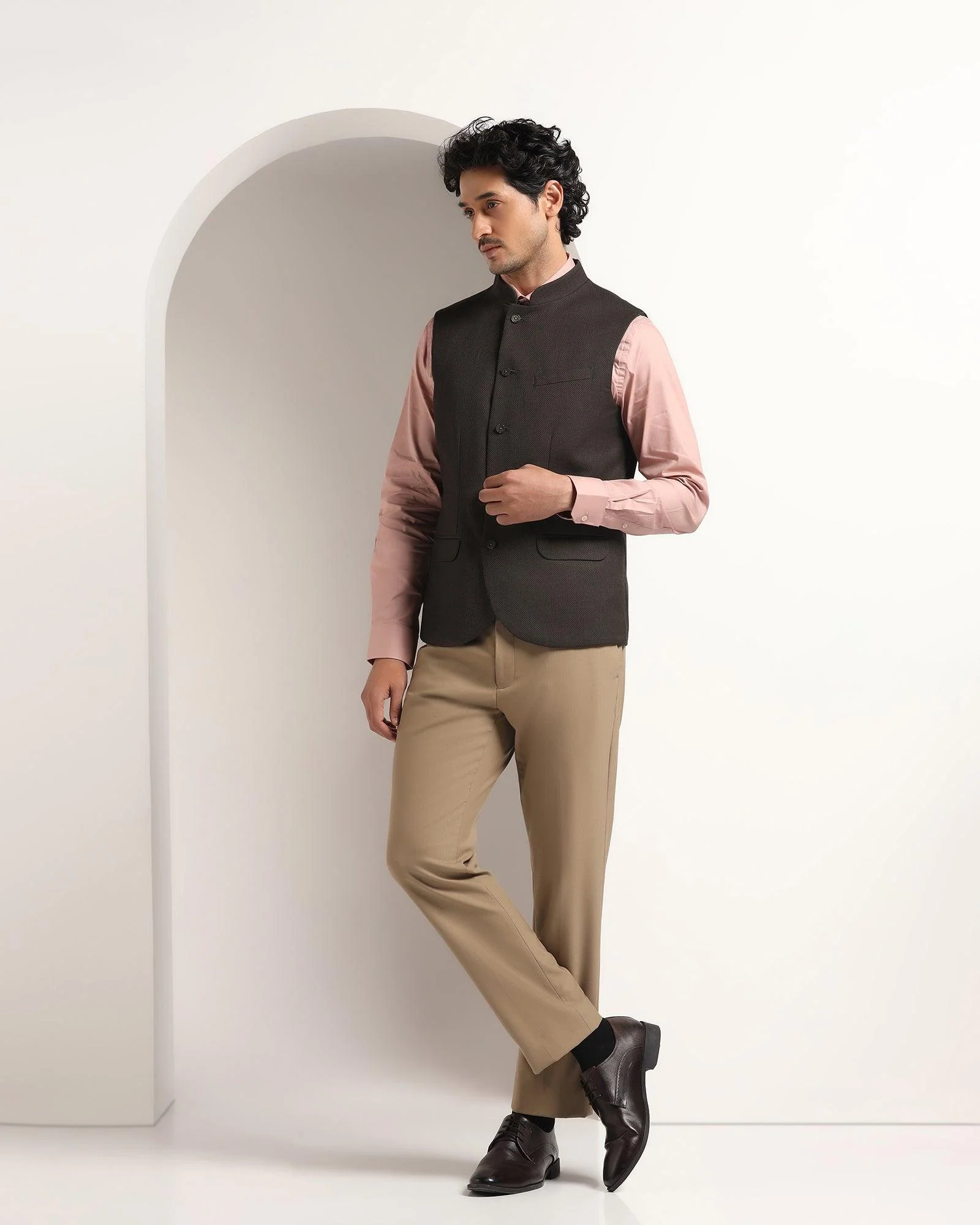 Bandhgala Formal Brown Textured Waistcoat - Kafka - Image 5