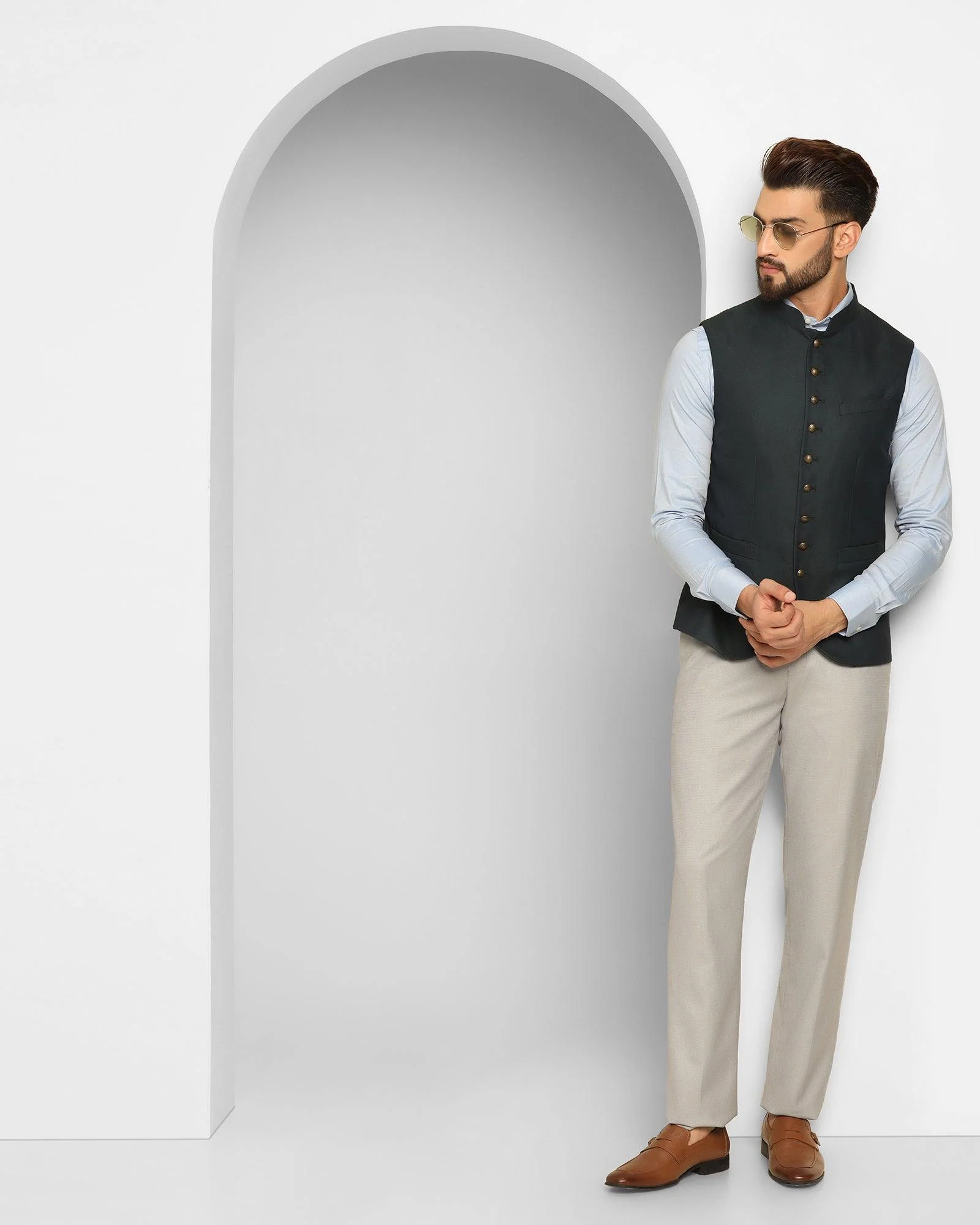 Bandhgala Formal Dark Green Textured Waistcoat - Ryker - Image 3