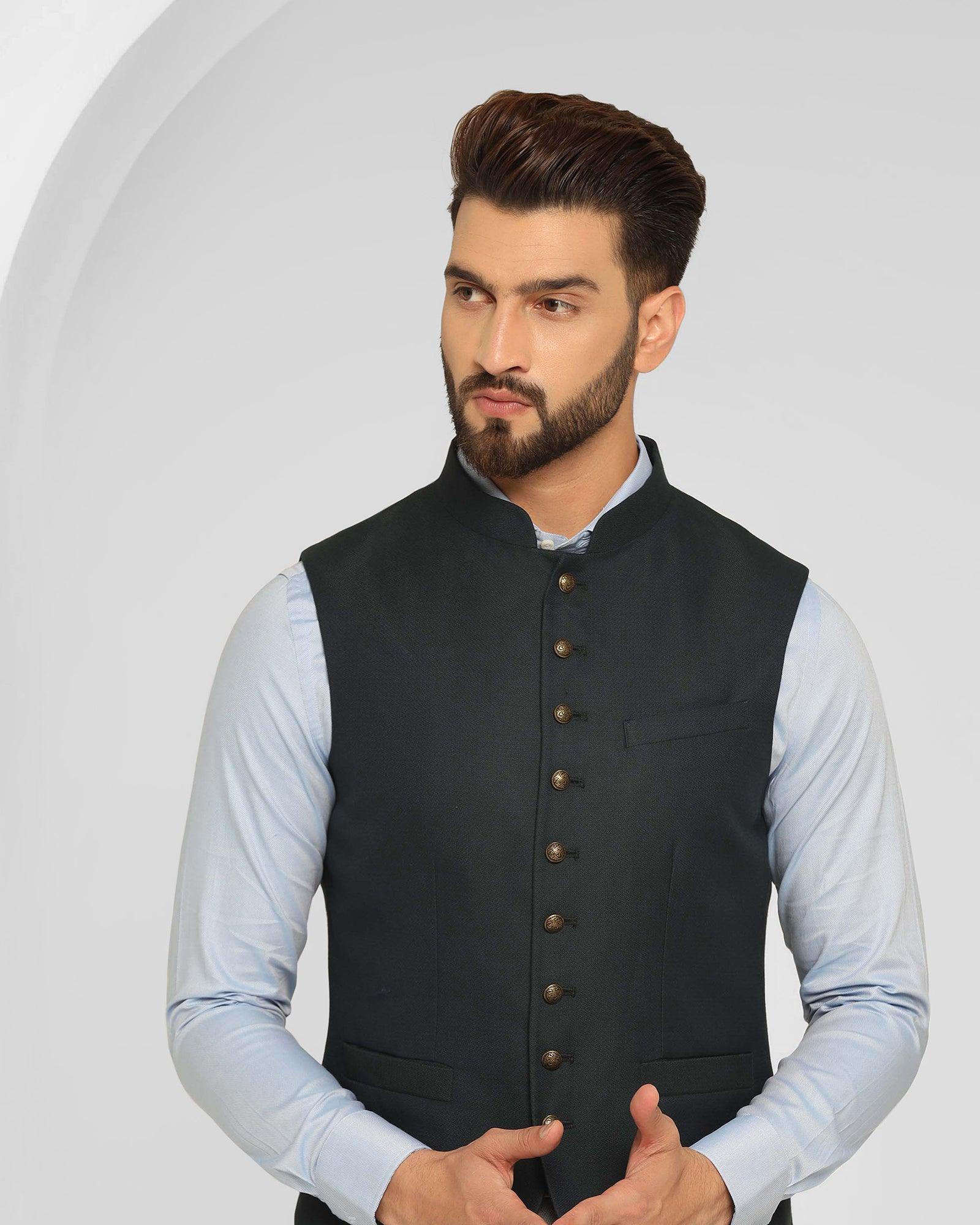 Bandhgala Formal Dark Green Textured Waistcoat - Ryker - Image 4