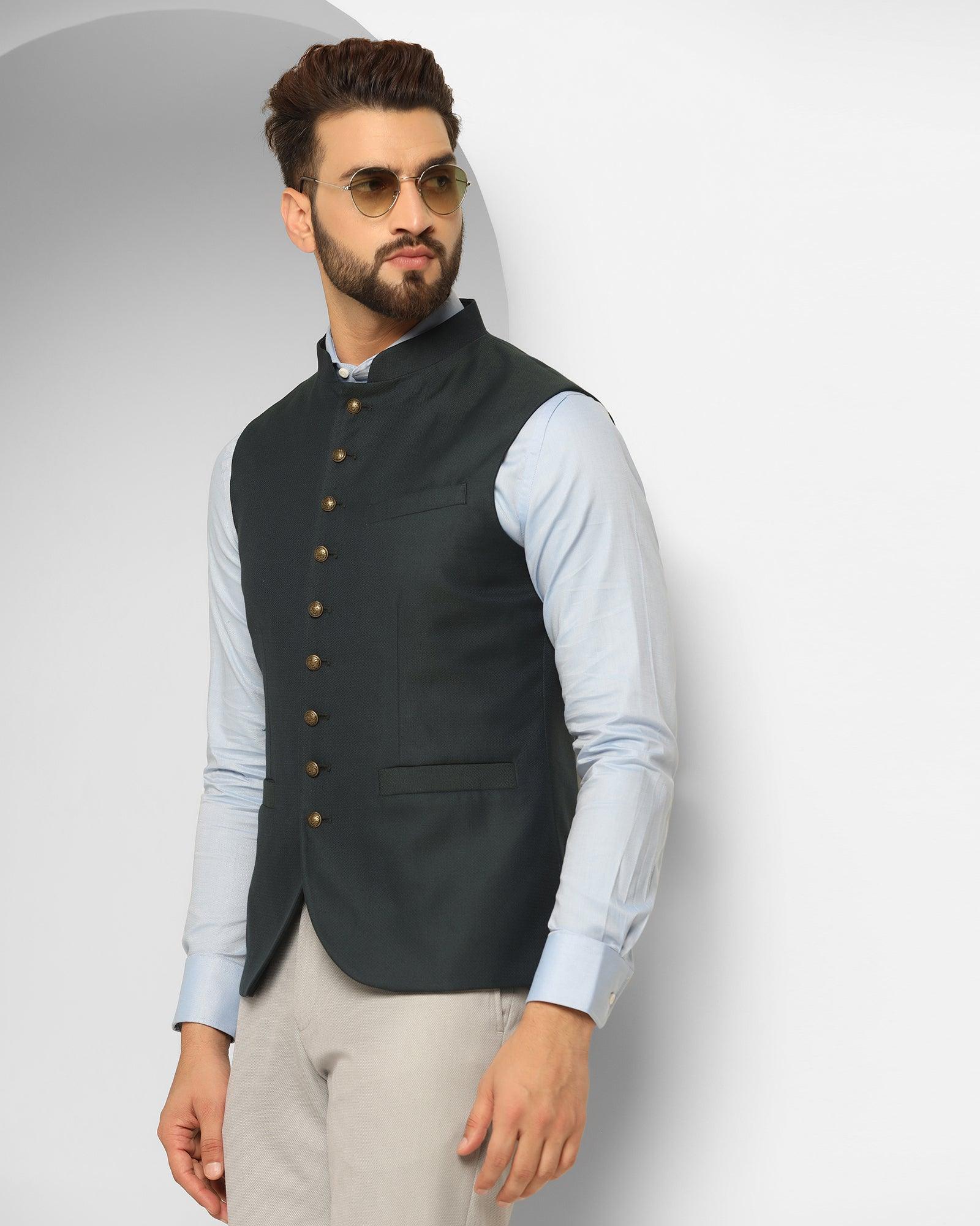 Bandhgala Formal Dark Green Textured Waistcoat - Ryker - Image 5
