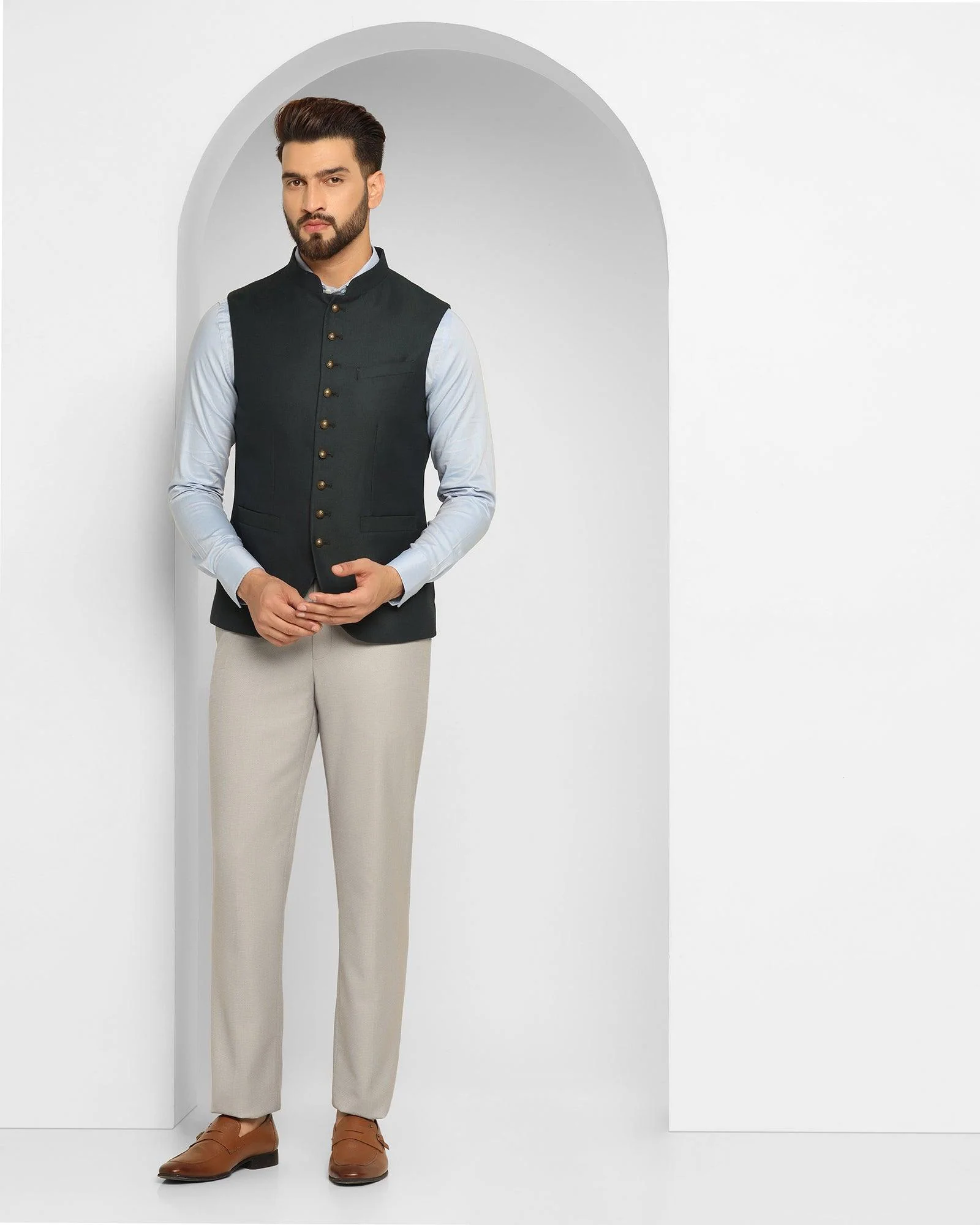 Bandhgala Formal Dark Green Textured Waistcoat - Ryker - Image 6