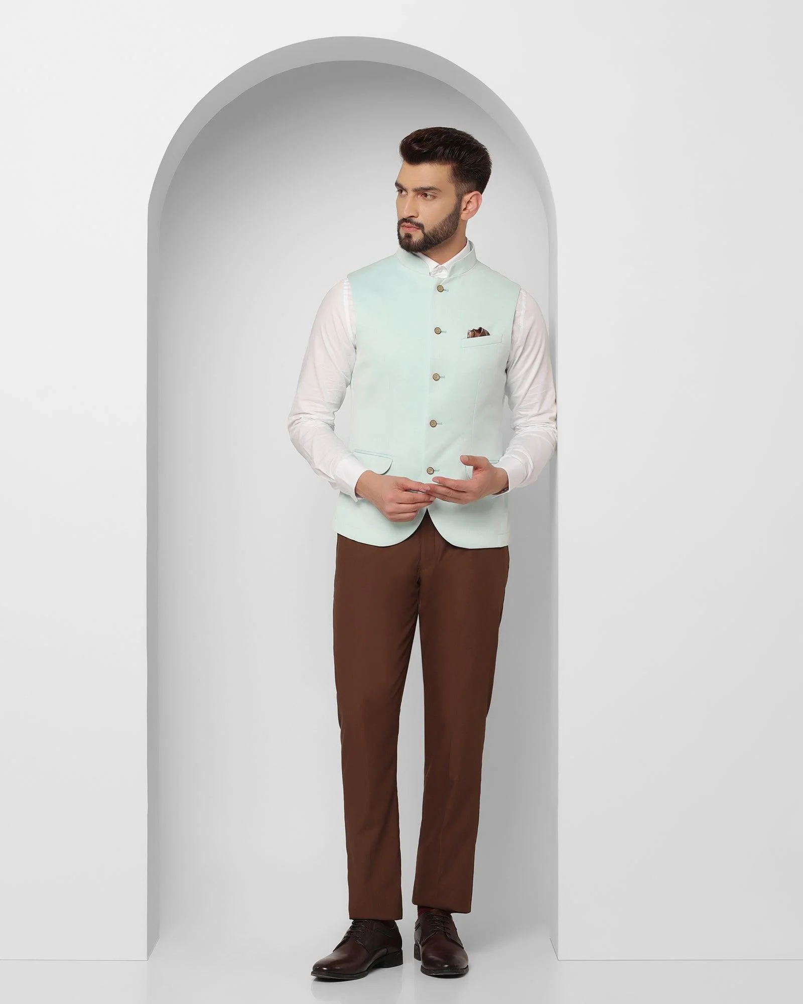 Linen Bandhgala Formal Mint Textured Waistcoat - Reef - Image 3