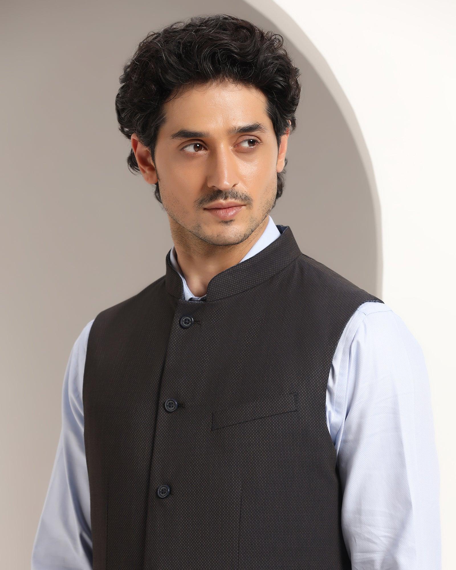 Bandhgala Formal Navy Textured Waistcoat - Kafka - Image 4