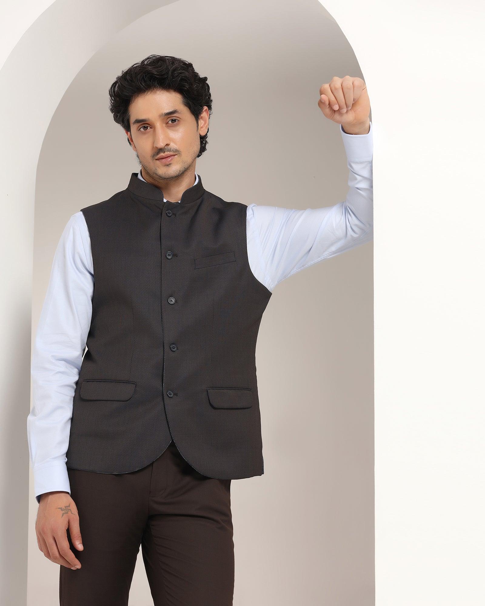 Bandhgala Formal Navy Textured Waistcoat - Kafka - Image 6