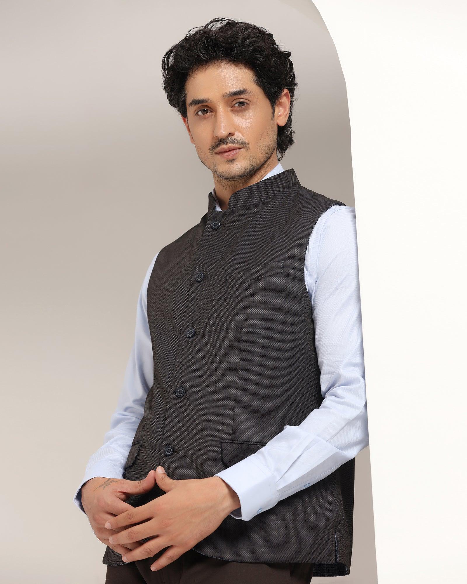 Bandhgala Formal Navy Textured Waistcoat - Kafka - Image 7