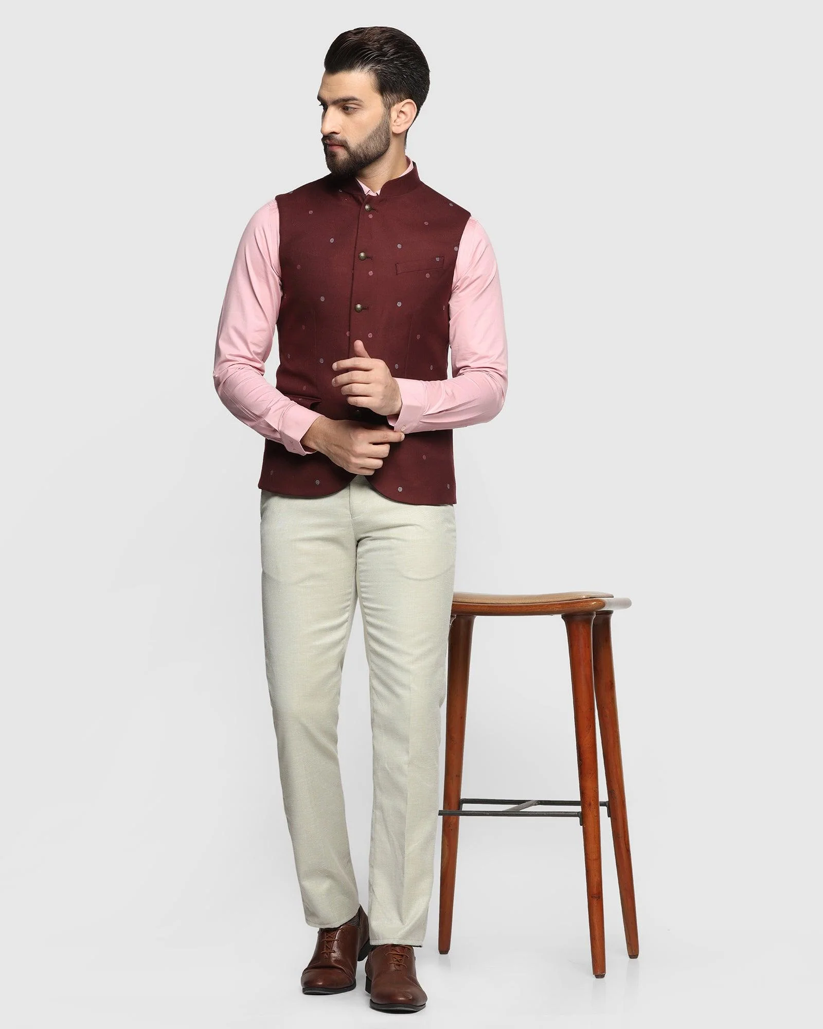 Bandhgala Formal Wine Textured Waistcoat - Korbin - Image 5