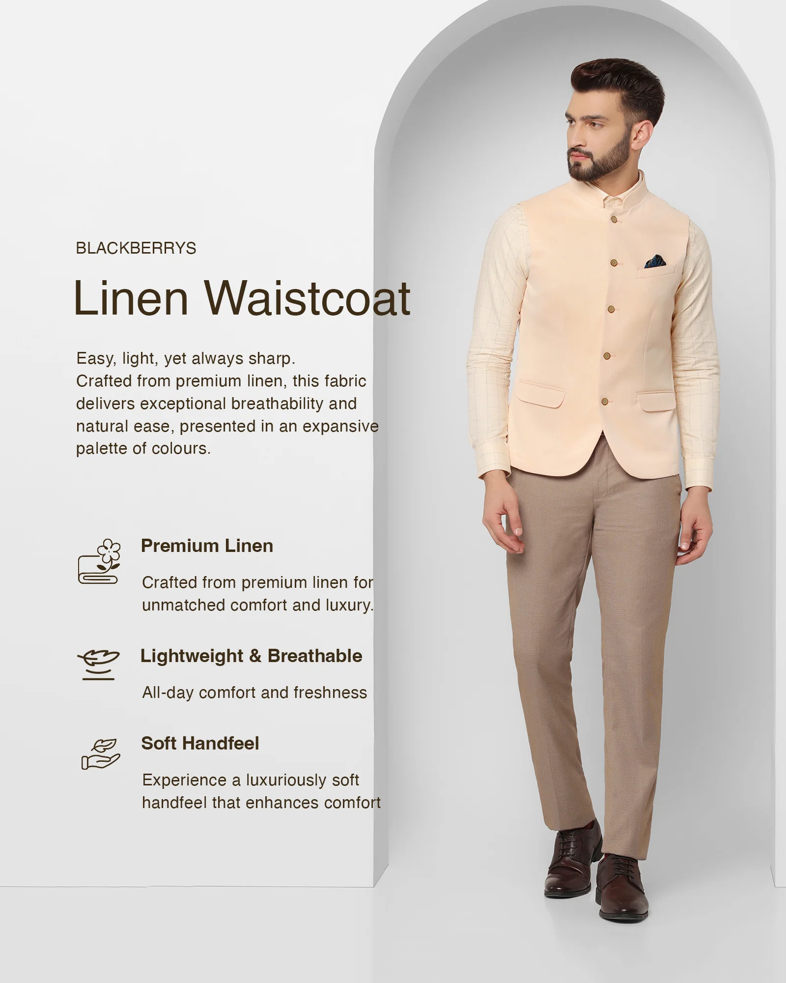 Linen Bandhgala Formal Yellow Textured Waistcoat - Reef - Image 3