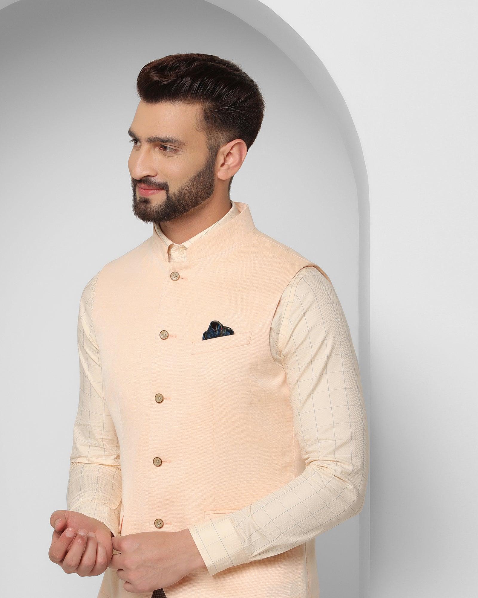 Linen Bandhgala Formal Yellow Textured Waistcoat - Reef - Image 4