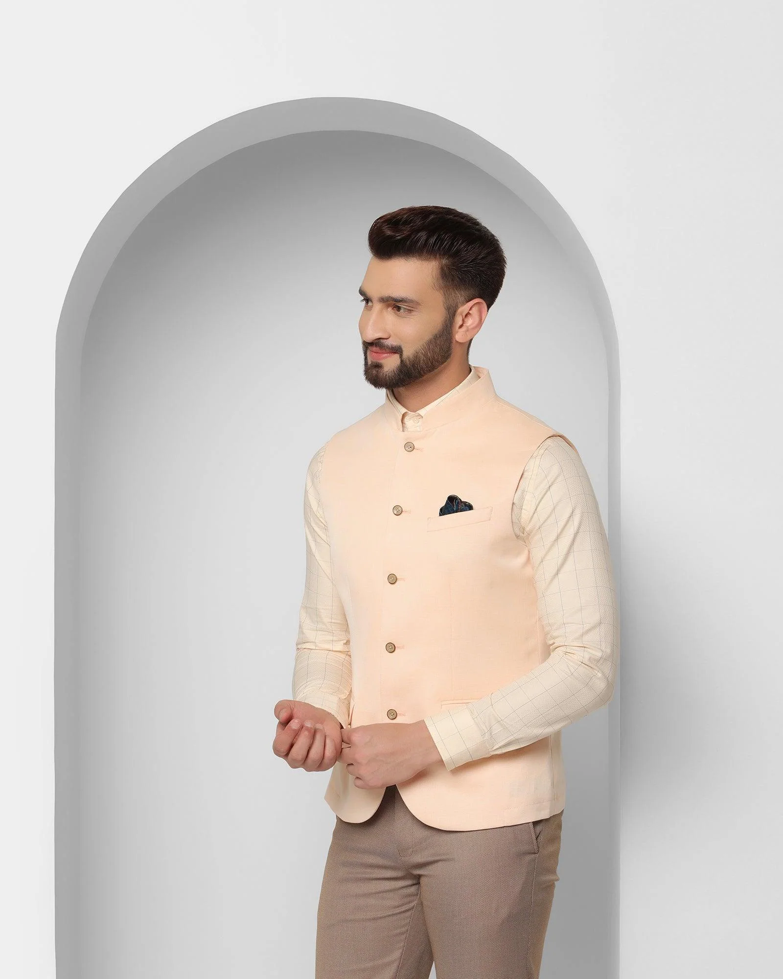 Linen Bandhgala Formal Yellow Textured Waistcoat - Reef - Image 6