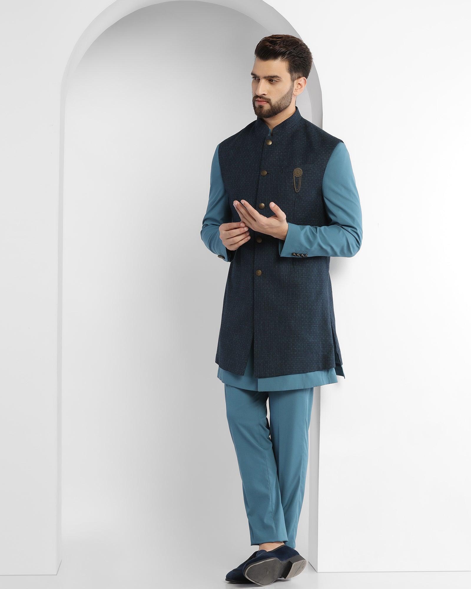 Blue Swarn Textured Achkan Set - King - Image 3