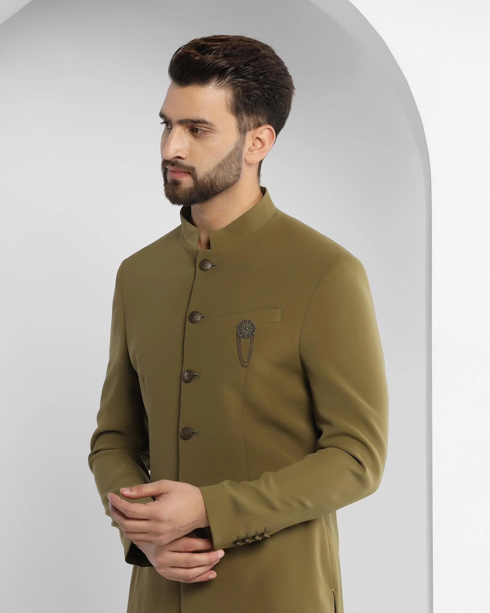Olive Swarn Textured Achkan Set - Tren - Image 5