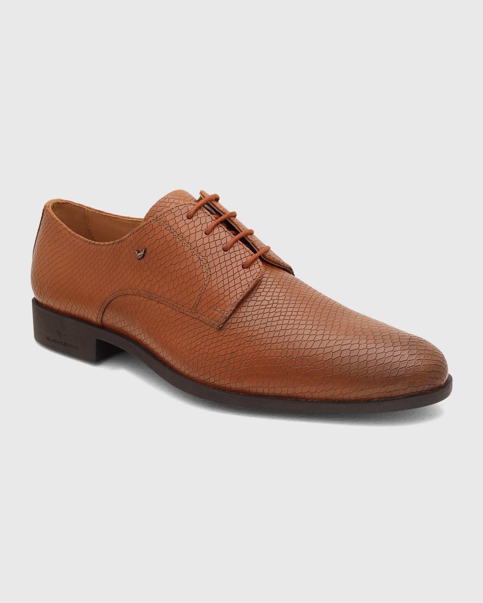 Leather Tan Textured Derby Shoes - Razor - Image 7
