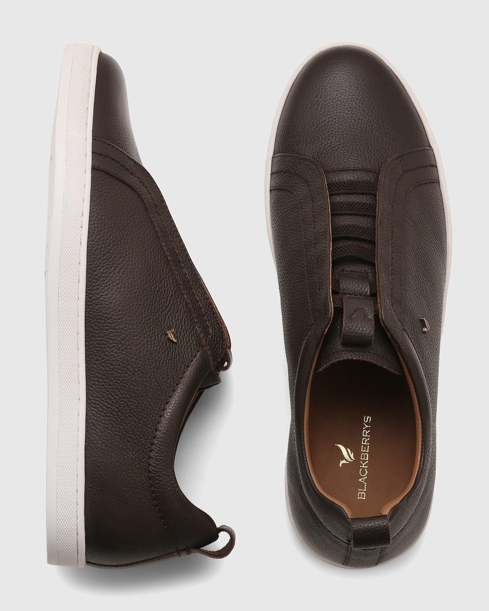 Leather Chocolate Brown Textured Sneakers - Quel - Image 2