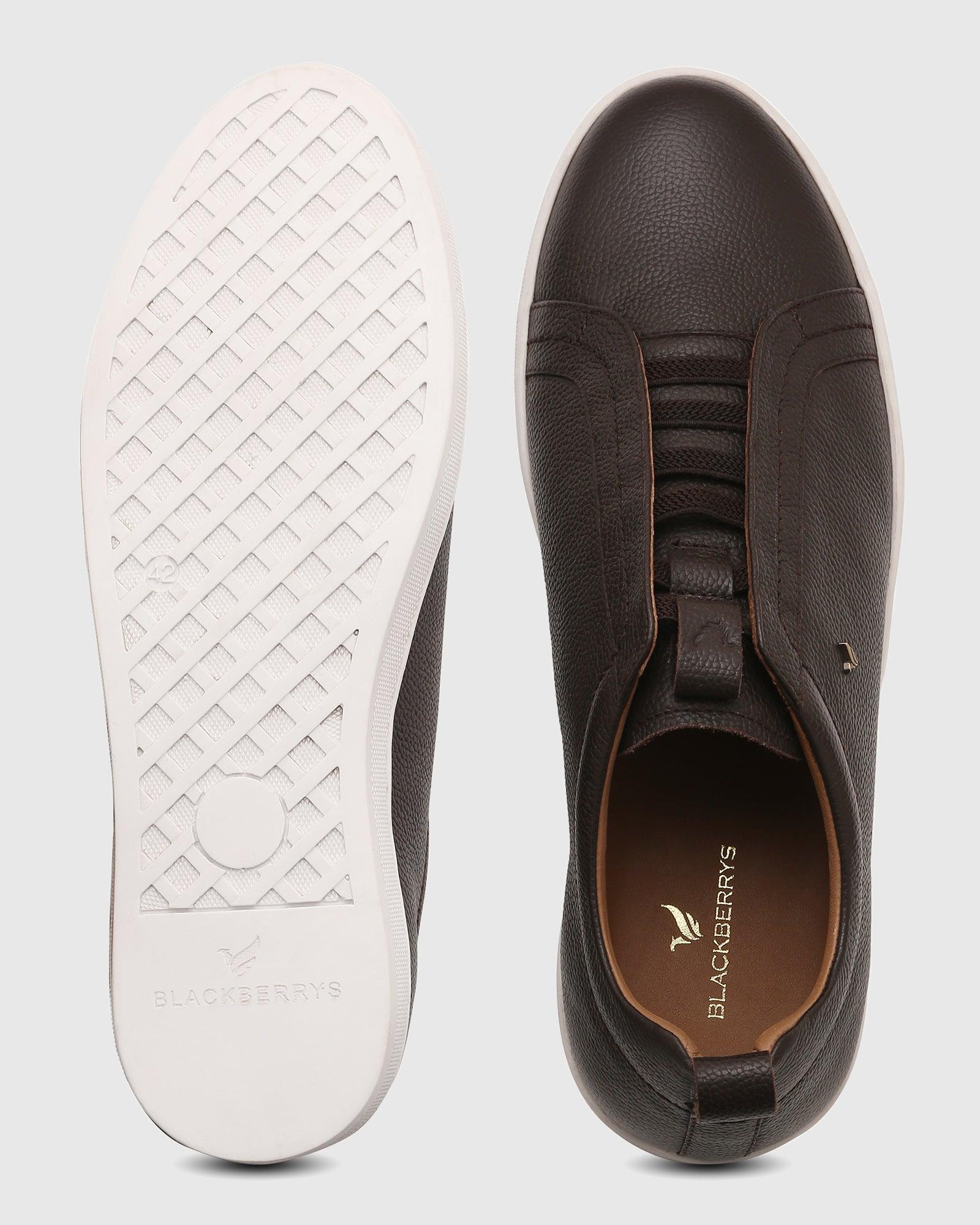 Leather Chocolate Brown Textured Sneakers - Quel - Image 3