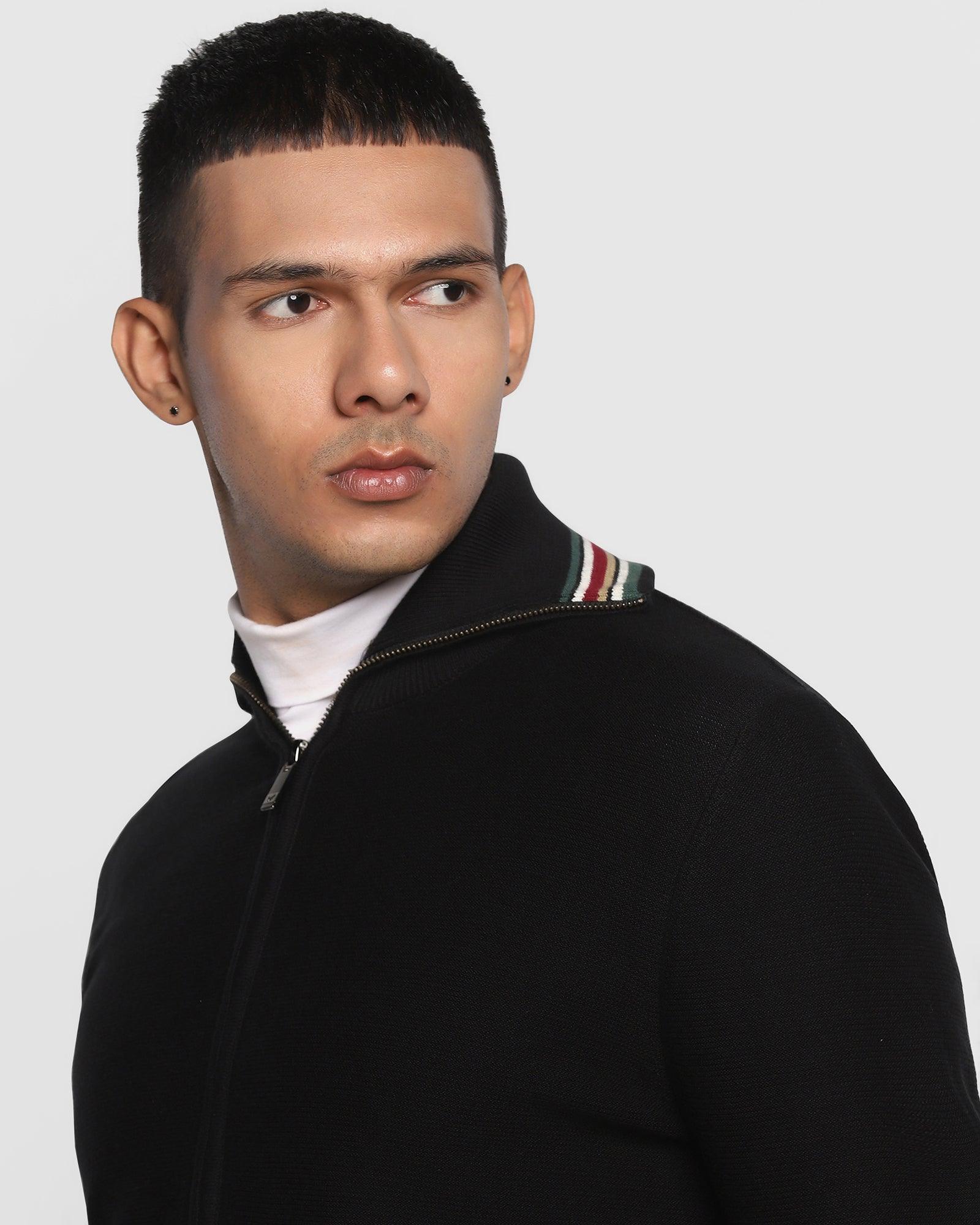 Stylized Collar Jet Black Solid Sweater - Christopher - Image 4